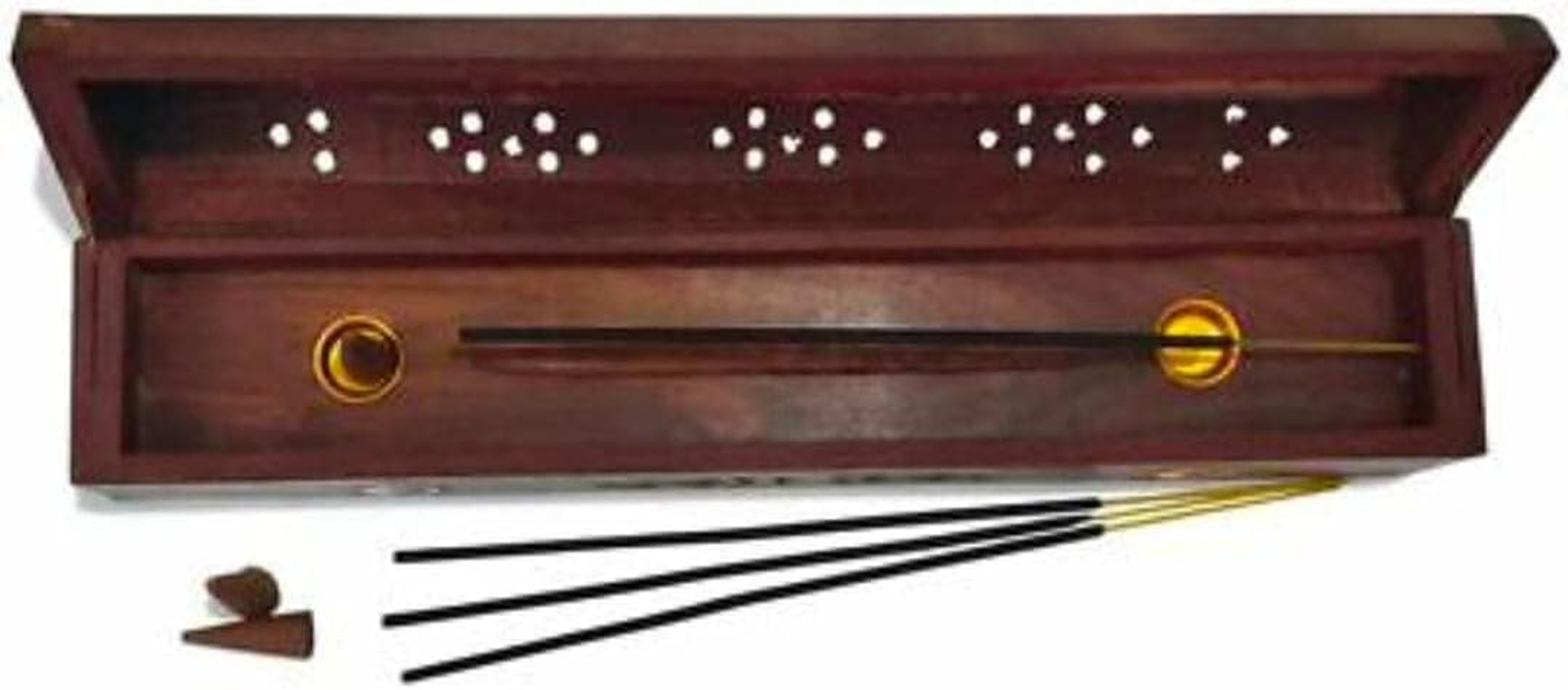 Wooden Box, Agarbatti Holder Wooden Hand Carved Incense Burner, Incense Holder, Brass Inlays & Storage Incense Holder Stand, Incense Stick Stand Handmade (12X2.5X3 Inch) Om image number 1