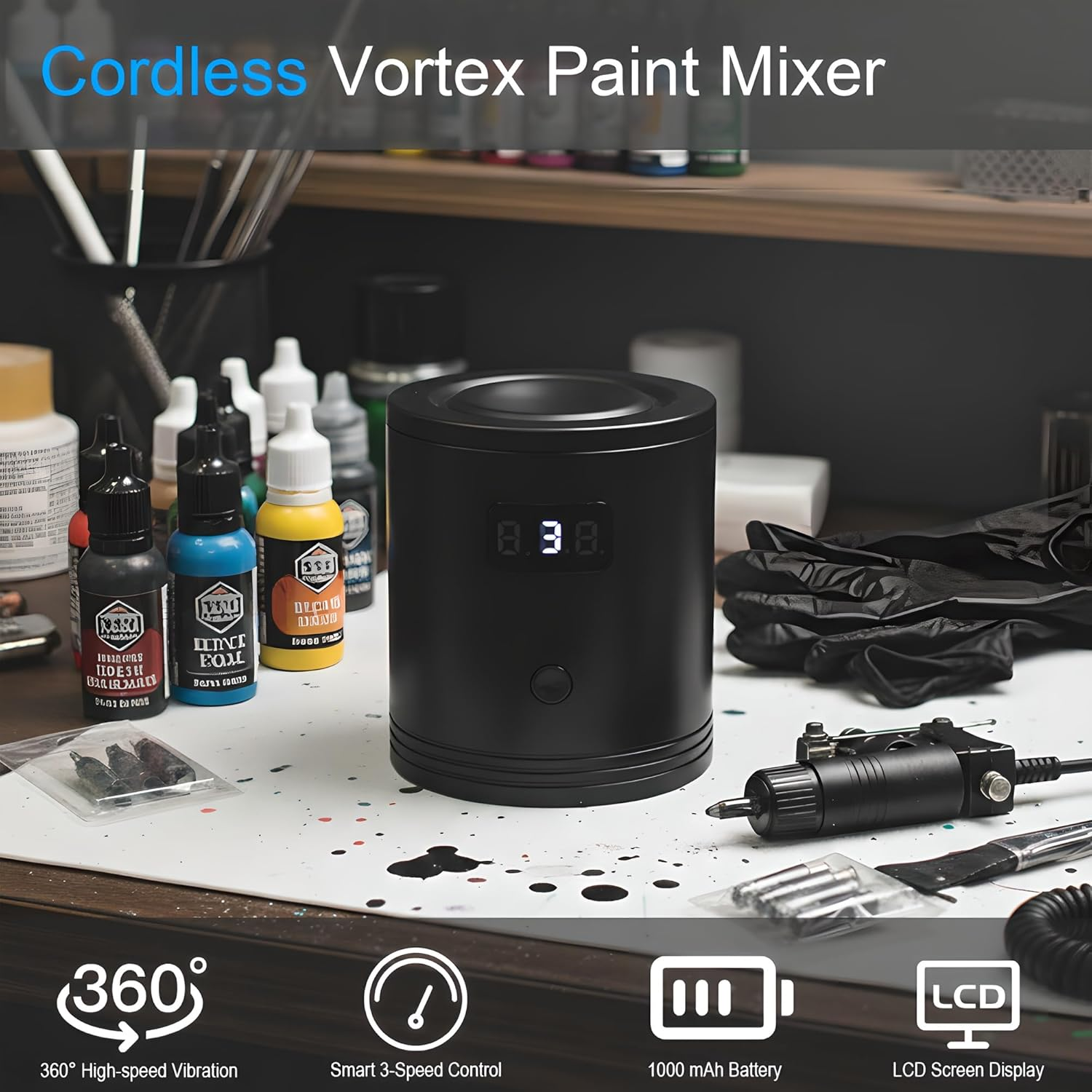 Cordless Vortex Paint Mixer丨With 3-Speed Adjustment & LCD Digital Display & Suction Cup Design, Mini Model Paints Shaker Mix Machine for Acrylic Paint Nail Polish Eyelash Adhesives（1000Mah） image number 4