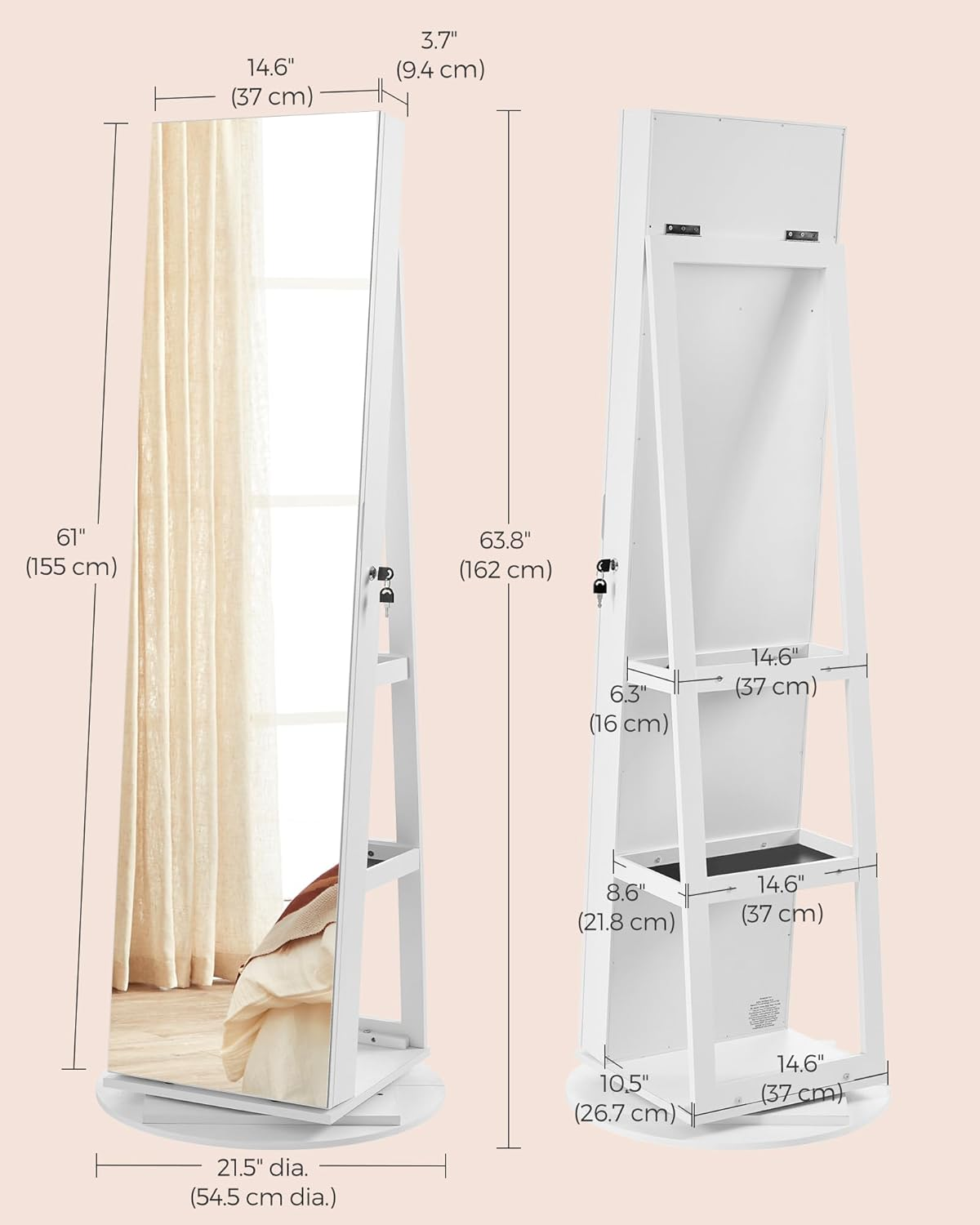 SONGMICS 6 Leds Lockable Mirror Jewelry Cabinet, 360&deg; Swivel Jewelry Organizer, Standing Jewelry Armoire, Frameless Full-Length Mirror, 3 Storage Shelves,White Surface, image number 6