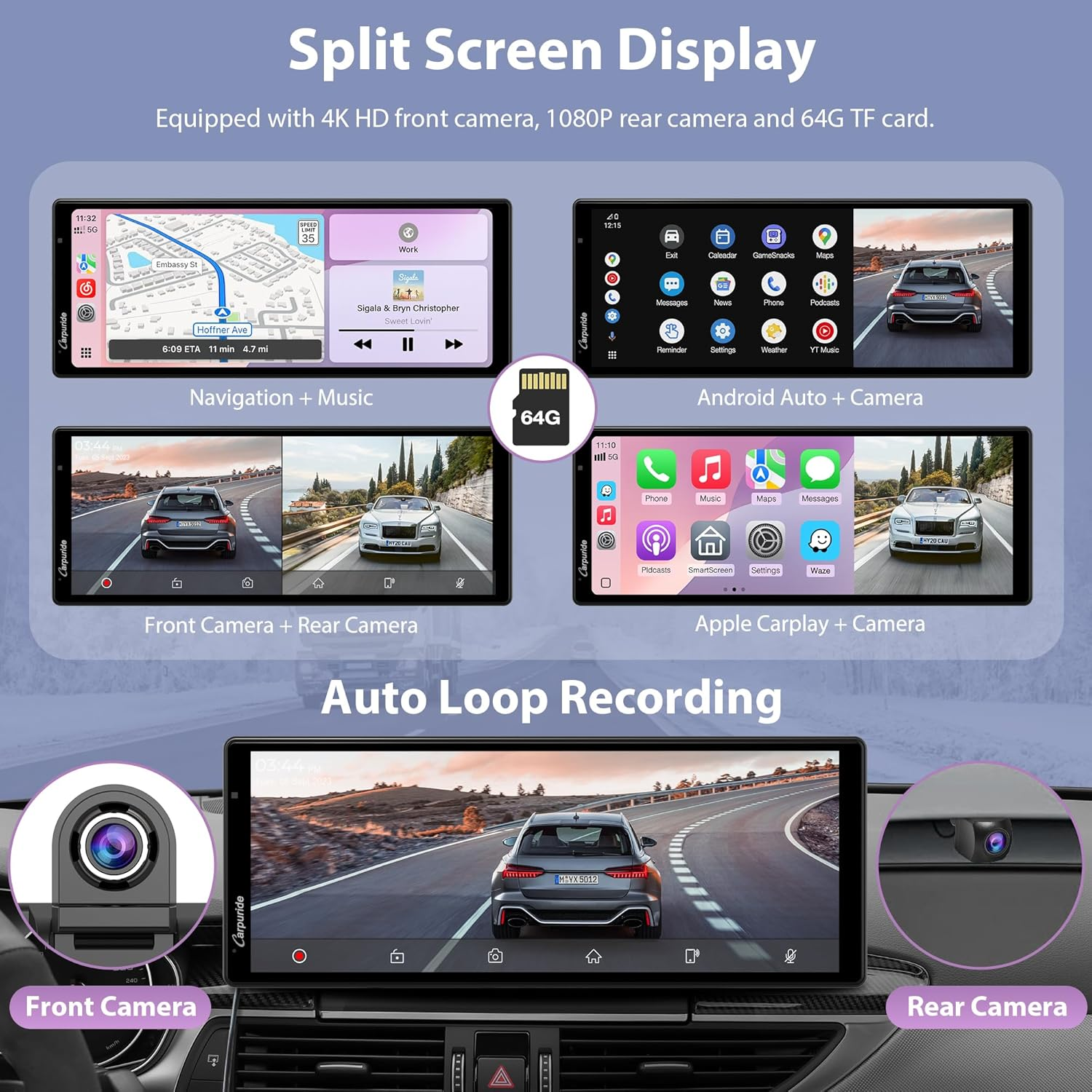 Carpuride Wireless Carplay & Android Auto with Dash Cam - 10.26 Inch HD IPS Touch Car Play Screen for Car, 4K Front & 1080P Rear Camera, Loop Recording, Bluetooth Audio, Mirror Link, GPS, Siri image number 5