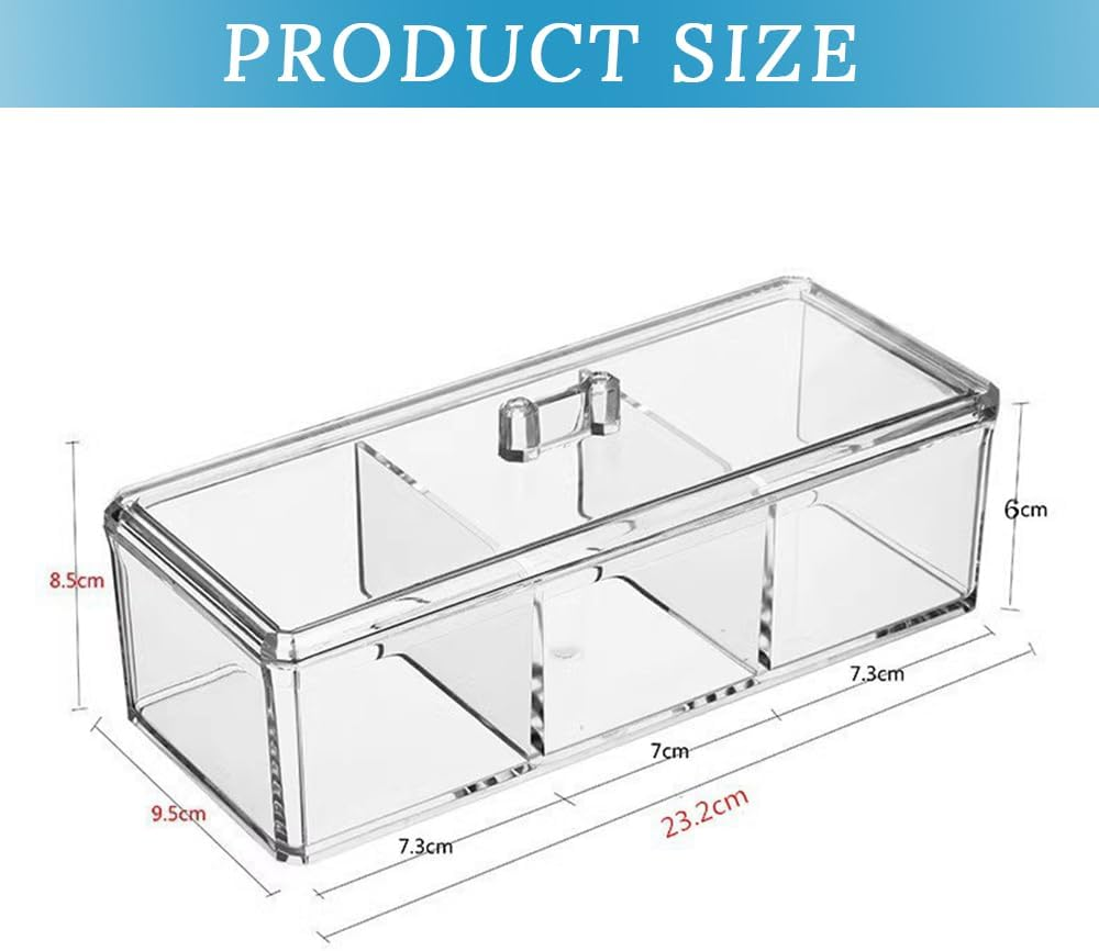 2 Pack Square Qtip Holder Dispenser,Clear Dresser Organizer,With 3 Divided Compartments&Lid, Waterproof,Plastic Storage Containers,For Cotton Swabs,Make up Pads,Cosmetics