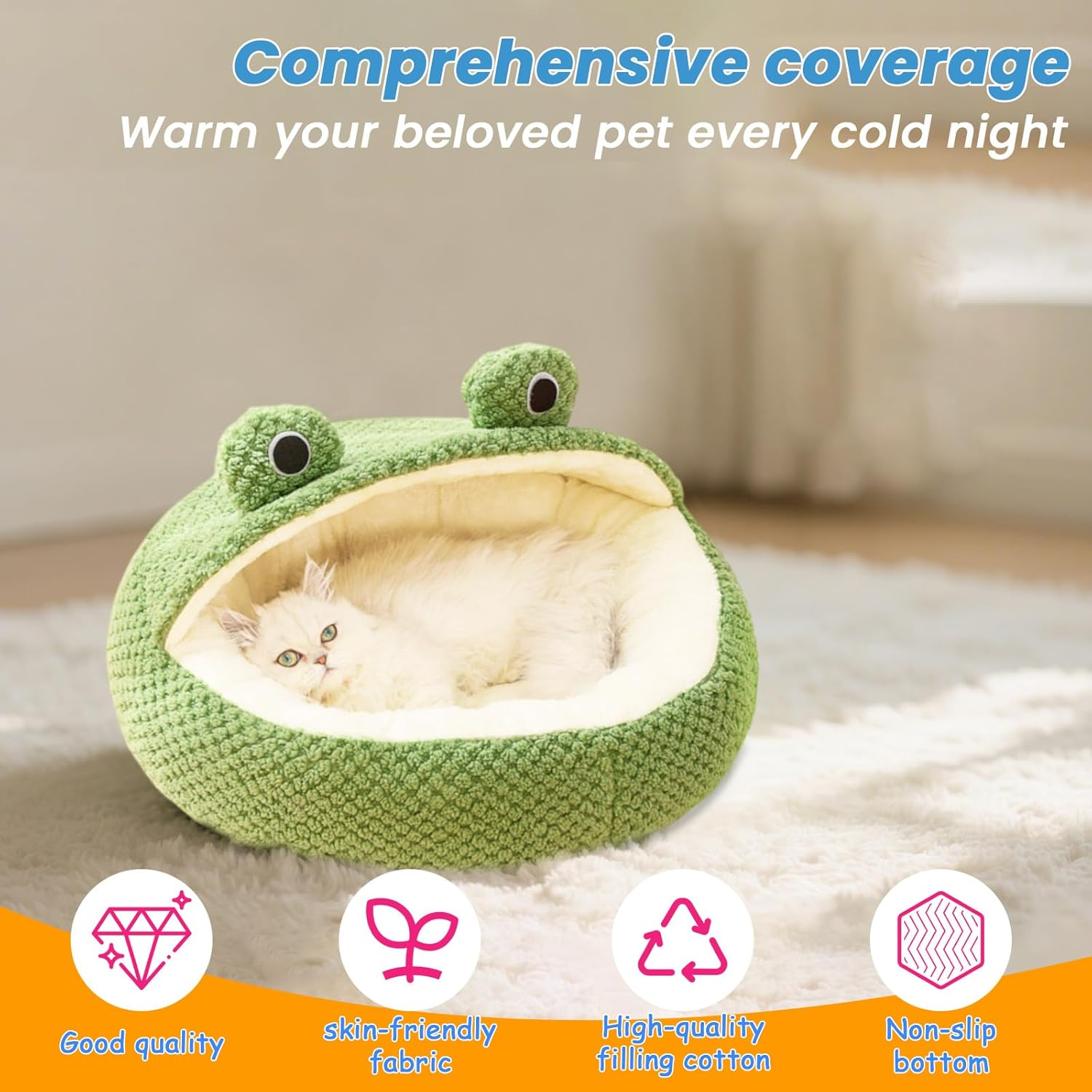 Cute Frog Cat Bed with Cover Cozy Plush Fluffy Warm Cave Style Pet Bed for Indoor Cats and Small Dogs Anti-Nxiety Washable Waterproof Bottom,40Cm image number 4
