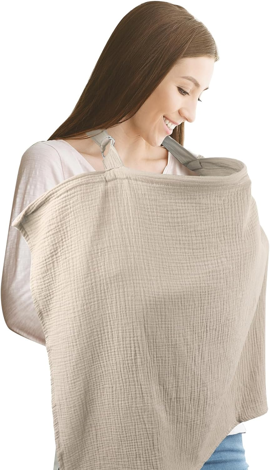 Muslin Nursing Cover for Baby Breastfeeding, Breathable Privacy Nursing Cover with Arch Neckline for Mom, Organic Cotton Multi-Use Nursing Apron (Blue) - Green image number 2