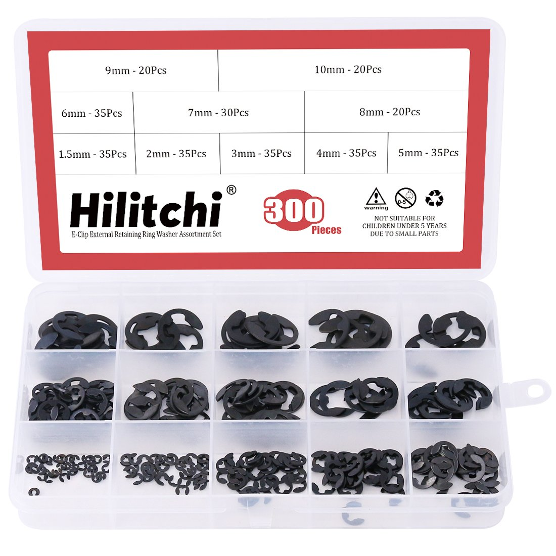 Hilitchi 300-Pcs Alloy Steel E-Clip Circlip External Retaining Ring Assortment Set - 1.5Mm to 10Mm image number 6