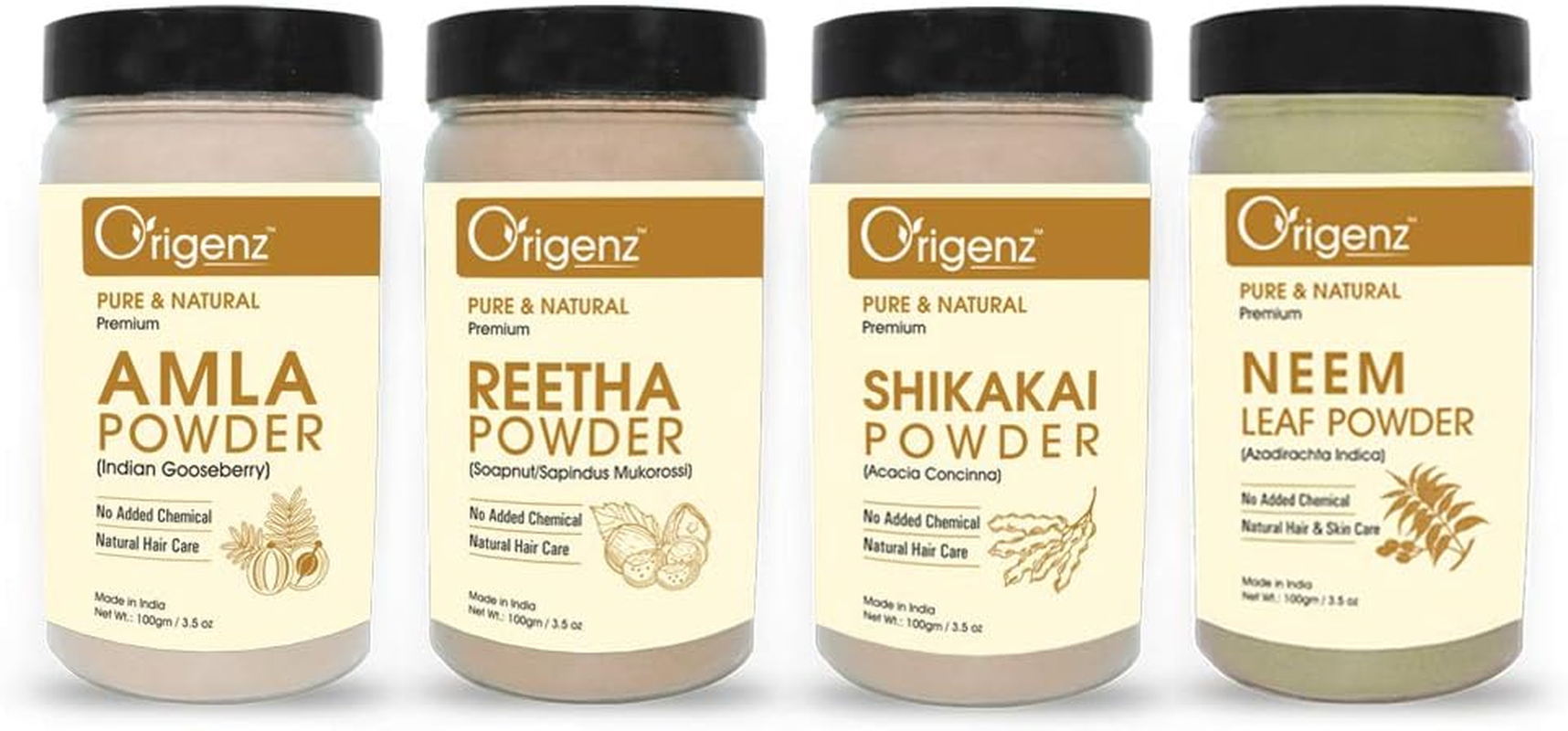 Origenz Premium Amla Reetha Shikakai Neem Powder Combo Pack for Healthy Hair (Pack of 4 X 100Gm) image number 5