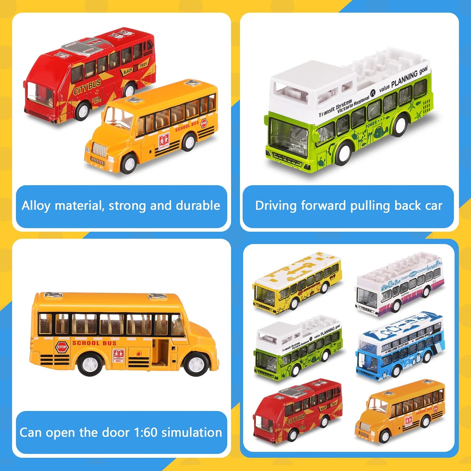 6 Pcs School Bus Toy Bus Toys Cars Set Toy Bus Die Cast Metal Cars City Bus Double Decker Friction Powered Cars Play Toys Gift Play Vehicle with Opening Doors, 6 Styles image number 3