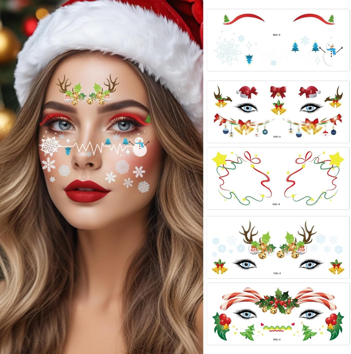 Itadaku 10 Sheets Christmas Face Temporary Tattoos, Cute Holiday Makeup Stickers for Adults, Christmas Party Gifts & Decorations image number 1