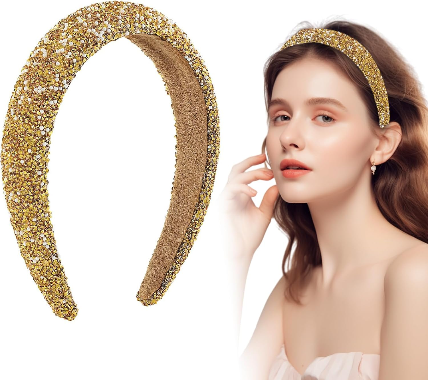 Rhinestone Headbands, Gold, Sparkling Crystal Headwear, Jewelry Headband, Diamond Bling Rhinestone Wide Hairband, Non Slip Glitter Hair Hoop, Faux Crystal Diamond Headpiece for Women Girls image number 4