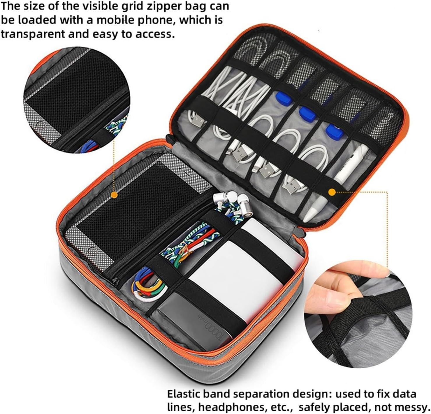 Travel Accessories Organizer Case, Portable Electronic Pouch Gadget Bag for Macbook Power Adapter, Cable, Stylus Pen, SD Card, Bank SD Memory Cards Earphone Flash Drive, Gray image number 6