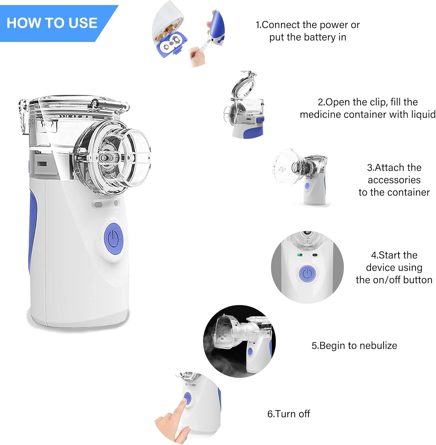 Portable Nebulizer Machine for Adults and Kids, Mesh Nebuliser Handheld Battery and Plug Operated, Travel and Household Use with 2 Mask and Mouthpiece image number 5
