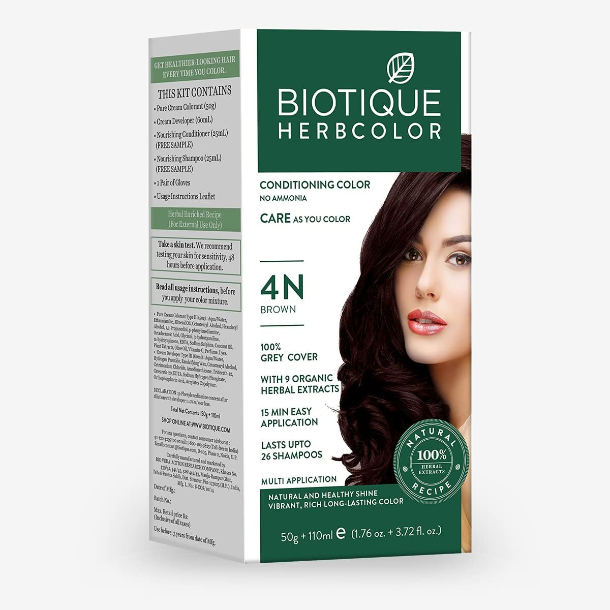Biotique Bio Herbcolor 4N Brown, 50 G + 110 Ml (Conditioning Color No Ammonia) image number 4