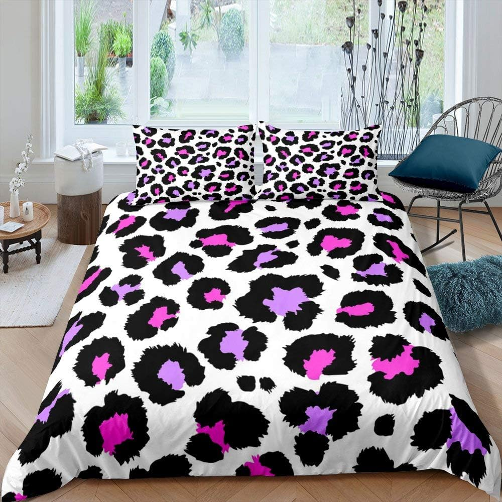 Homewish Leopard Duvet Cover Abstract Animal Cheetah Pattern Comforter Cover for Boys Girls Woman Man Color Leopard Print Bedding Set Purple Black White Quilt Cover and 1 Pillow Case Single Size