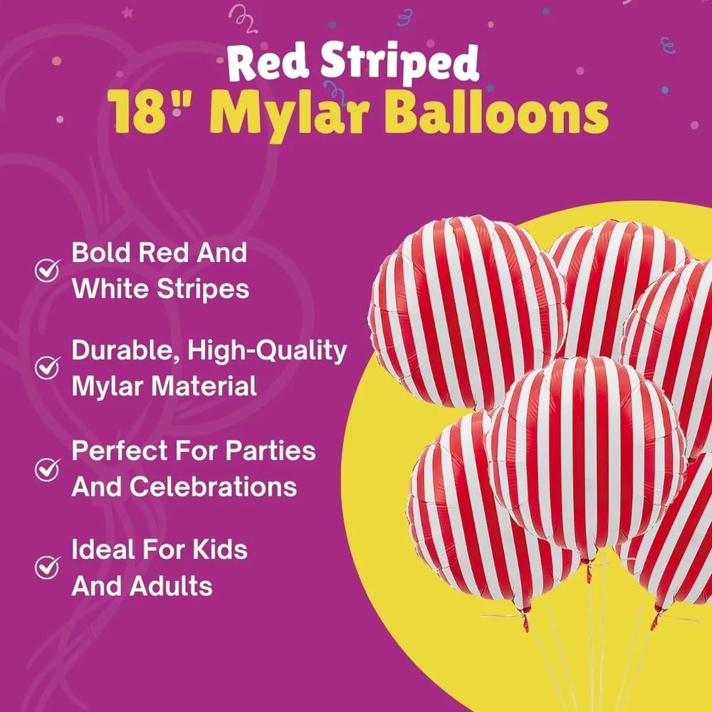 Fun Express 3/4250 Bal Red Stripe 18" (6Pc) -Party Decor Mylar Balloons-6 Pieces image number 1