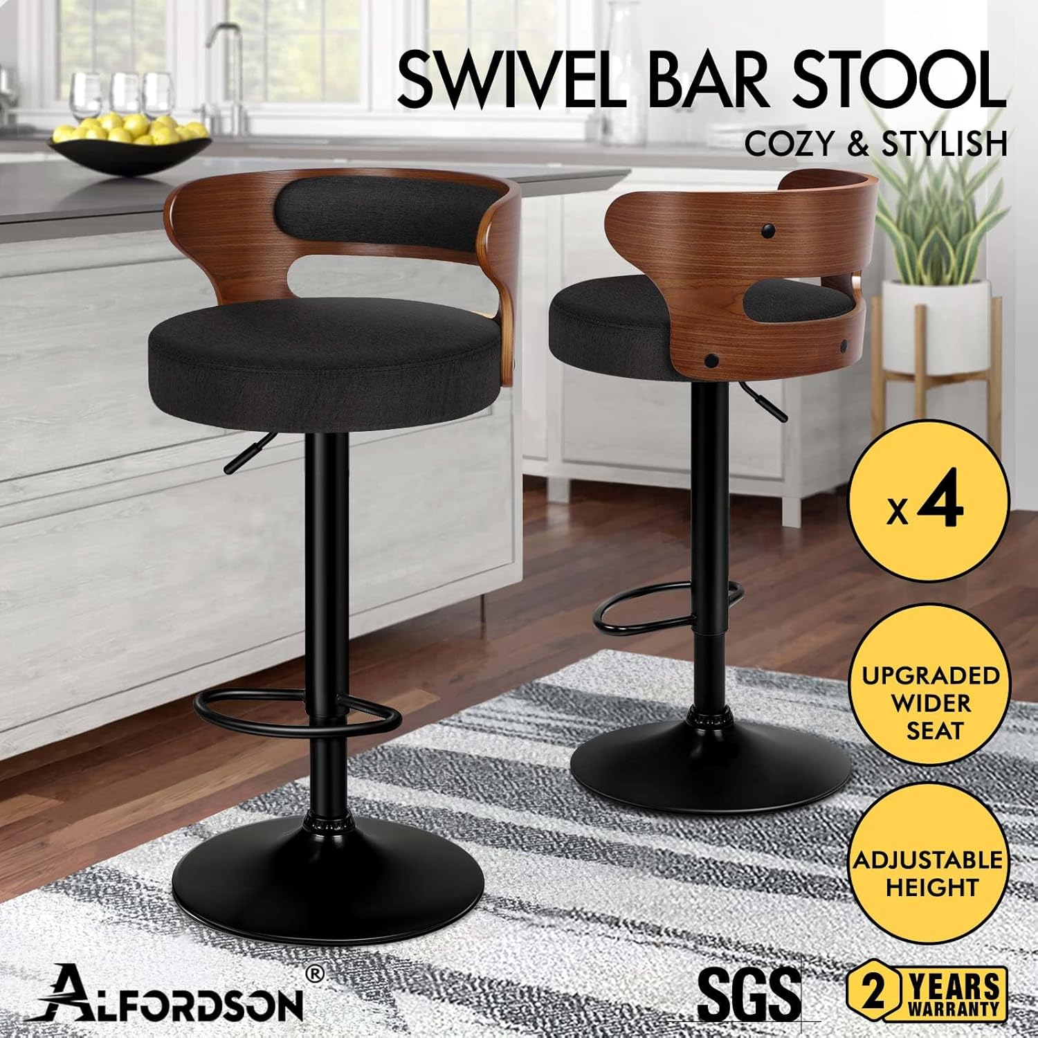 ALFORDSON Set of 4 Bar Stool Adjustable Kitchen Stool Swivel Counter Wooden Dining Chair in 61-82Cm Seat Height Gas Lift, White Bar Sets for Home Dining Room Cafe Shops Bars, Ramiro Fabric Black image number 1