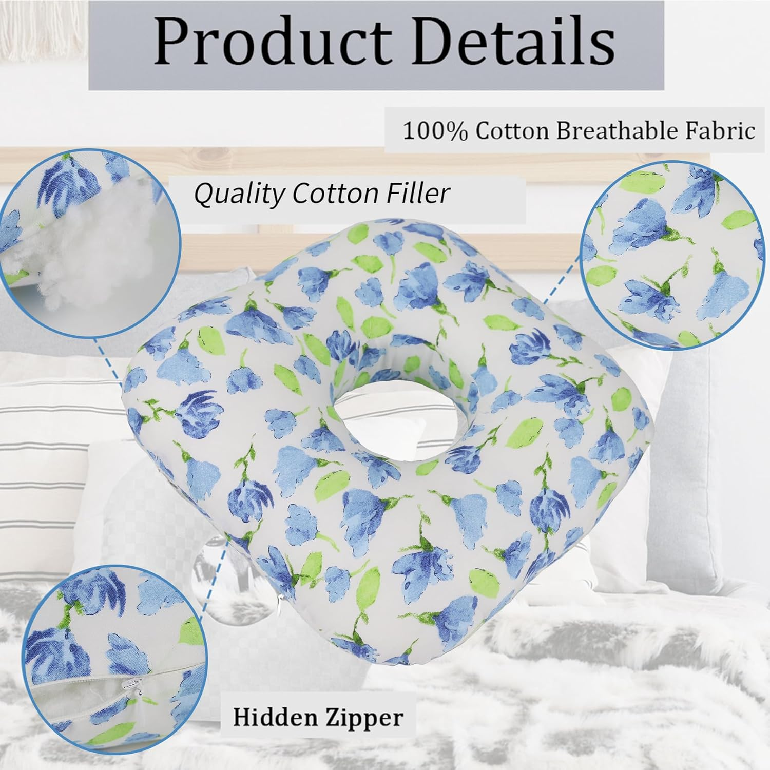 Ear Piercing Pillow for Side Sleepers, Pillow with an Ear Hole for CNH and Ear Pain Ear Inflammation Pressure Sores, O-Shaped Side Sleeping Pillow, Ear Guard Pillow (Blue Iris Flowers) image number 3