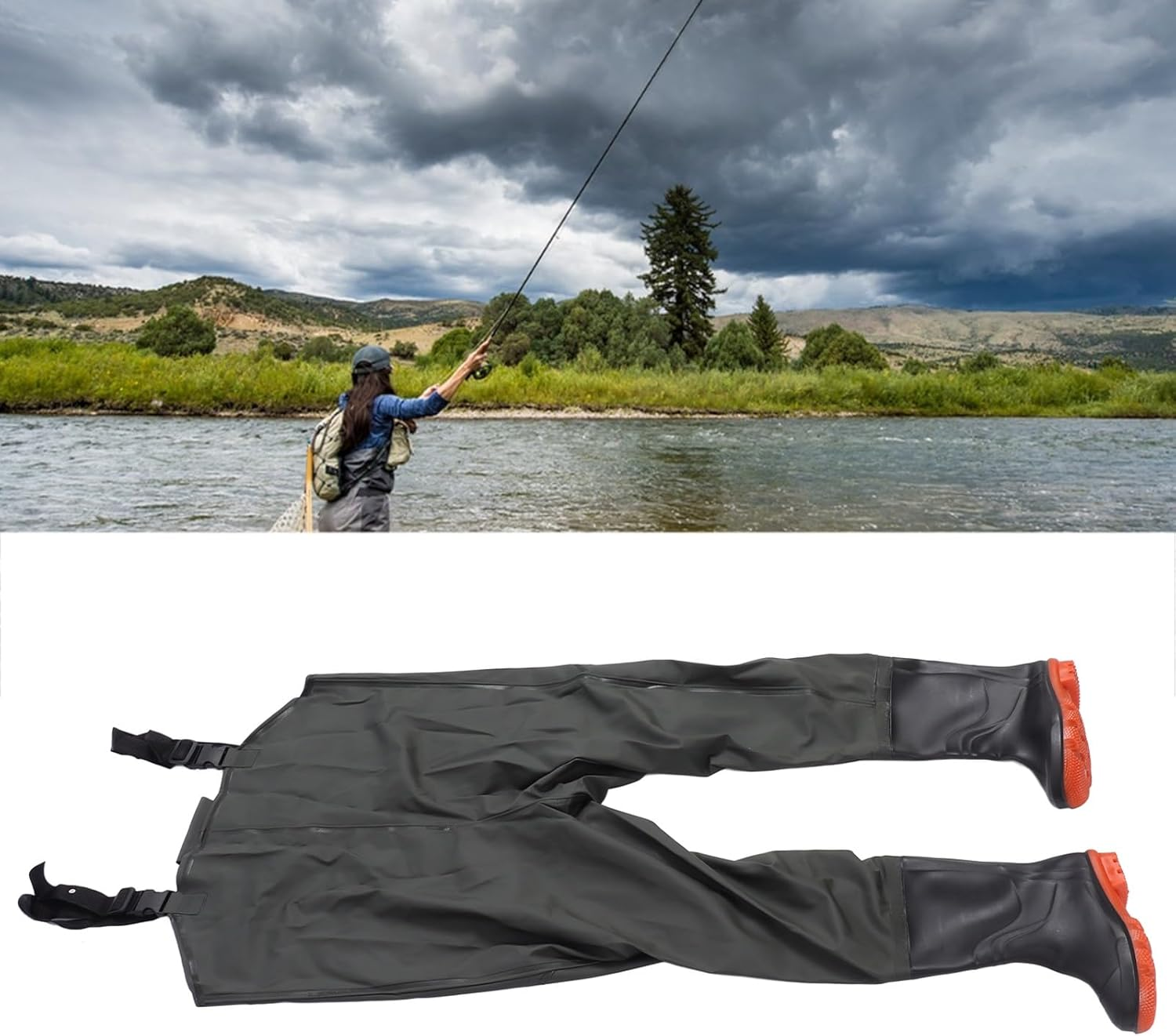 Wader Fishing Wading Pants, Waterproof Men Hip Wader with Bootfoot Wading Belt, PVC Flexible Bootfoot Chest Wader for Fishing Camping (Green) image number 5