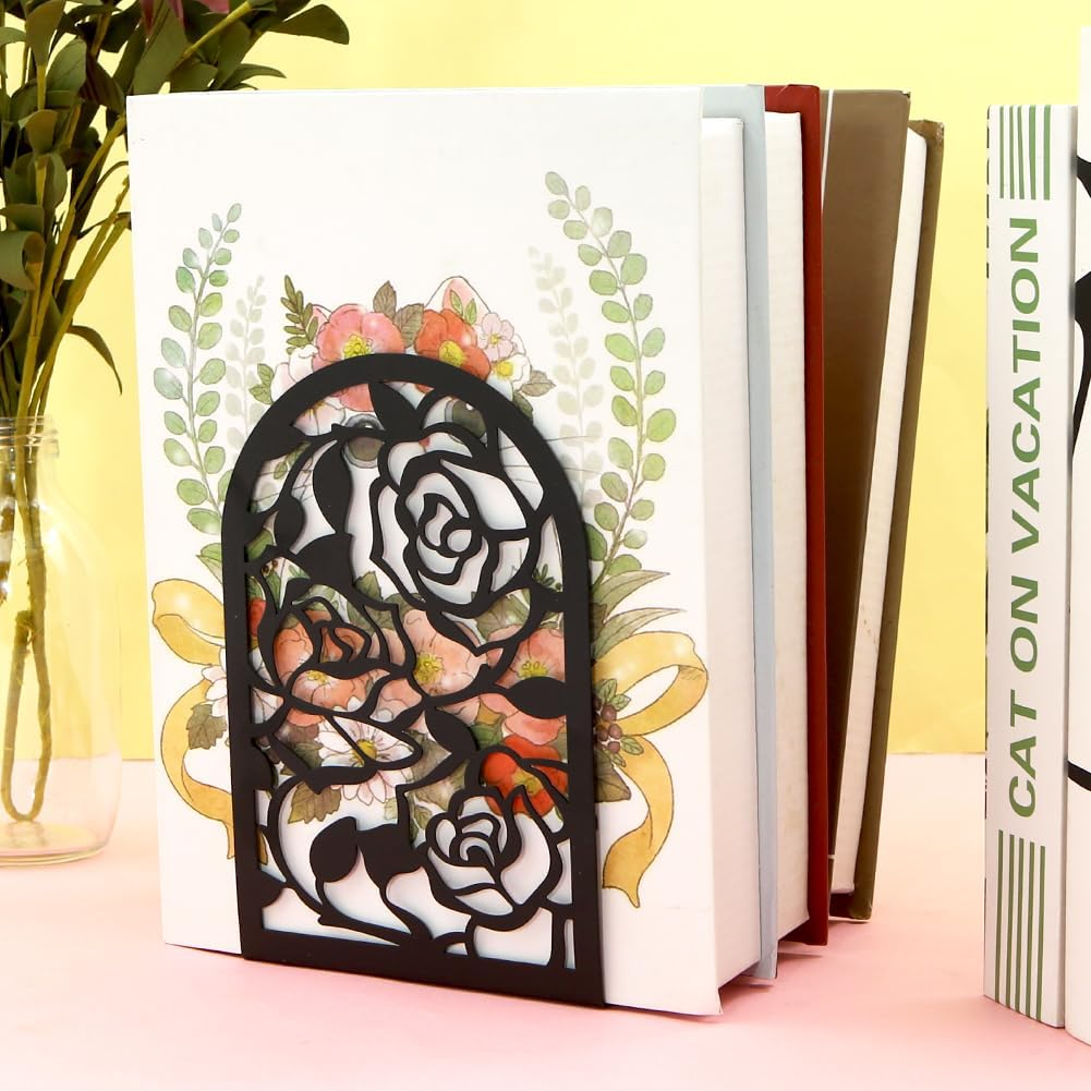 Elegant Rose Bookends Hollow-Out Rose Flower Book Ends Shelves Organizer Metal Book Stands Journal Book Holder Reading Room Decorative Bookends Library Book Stoppers for Office Home School (Black)