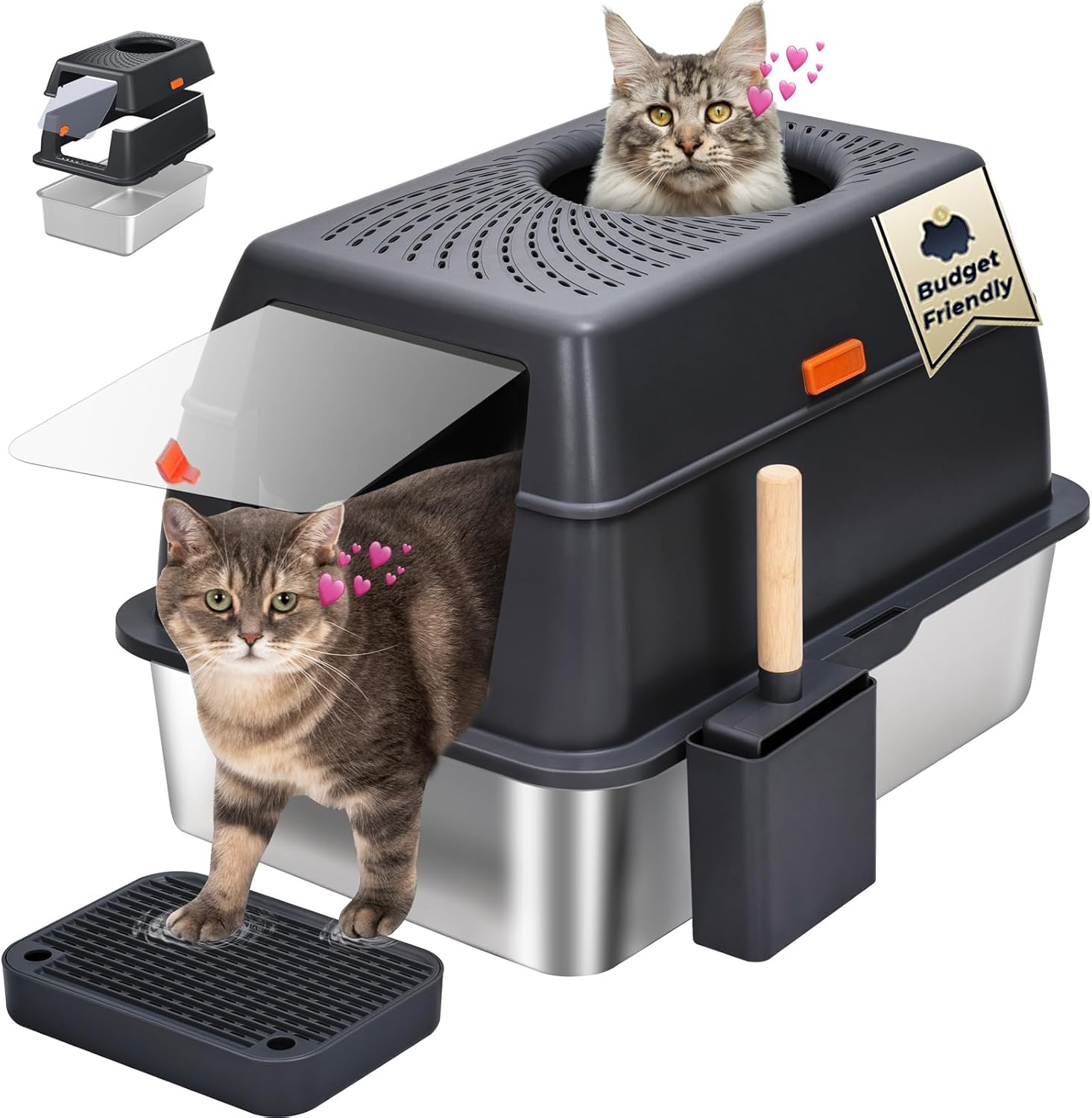 Stainless Steel Litter Box with Lid, SUS304 Metal Cat Litter Box, Enclosed Extra Large Kitty Litter Box High Wall, Jumbo Cat Litter Box with Triple Pedal, Non-Sticky, Anti-Leakage (XL Gray)