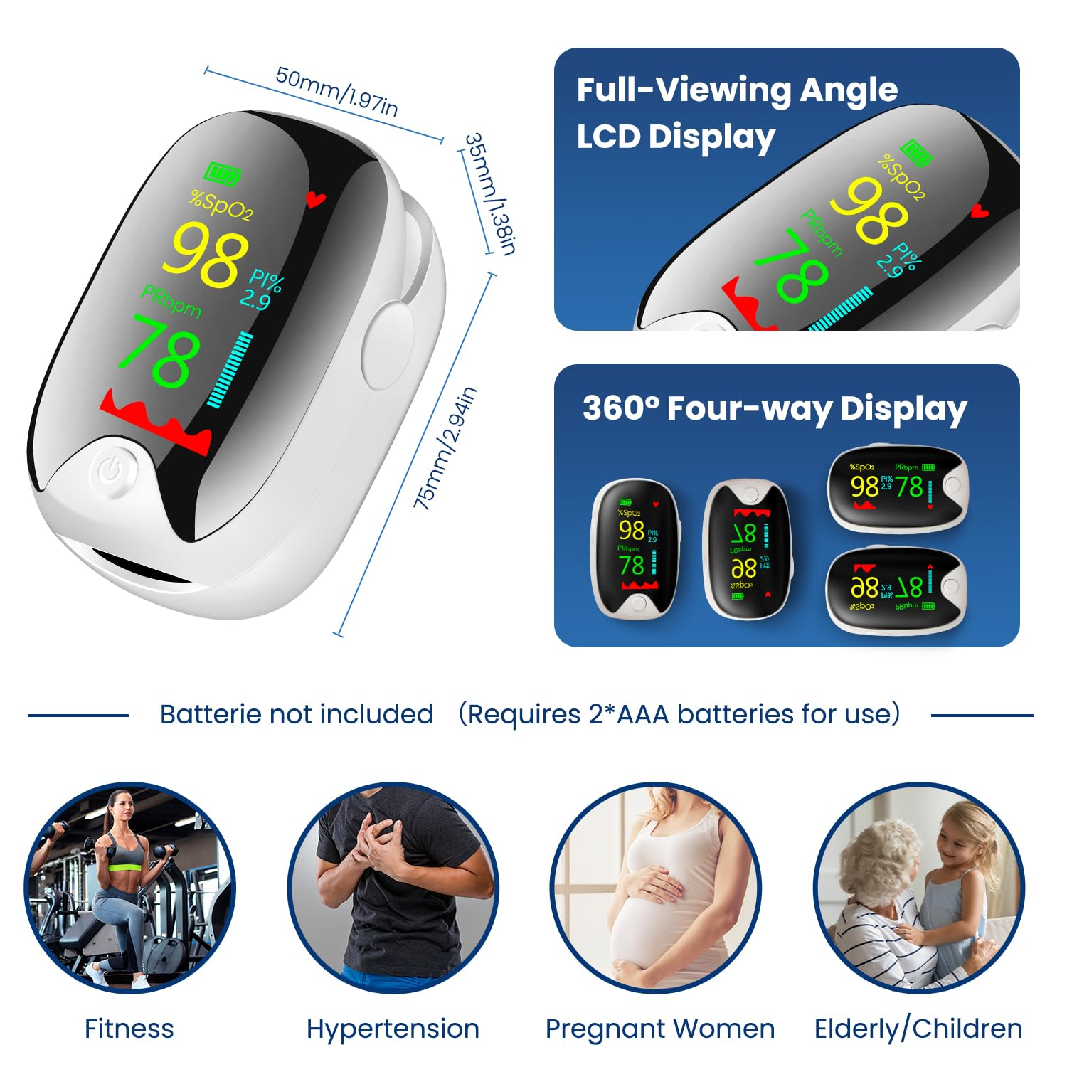 Finger Pulse Oximeter, Necomi Fingertip Pulse Oximeter, with Color LCD Screen, One-Button Operated Blood Oxygen Monitor Pulse Rate Monitor Lanyard (Batteries Not Included) image number 3