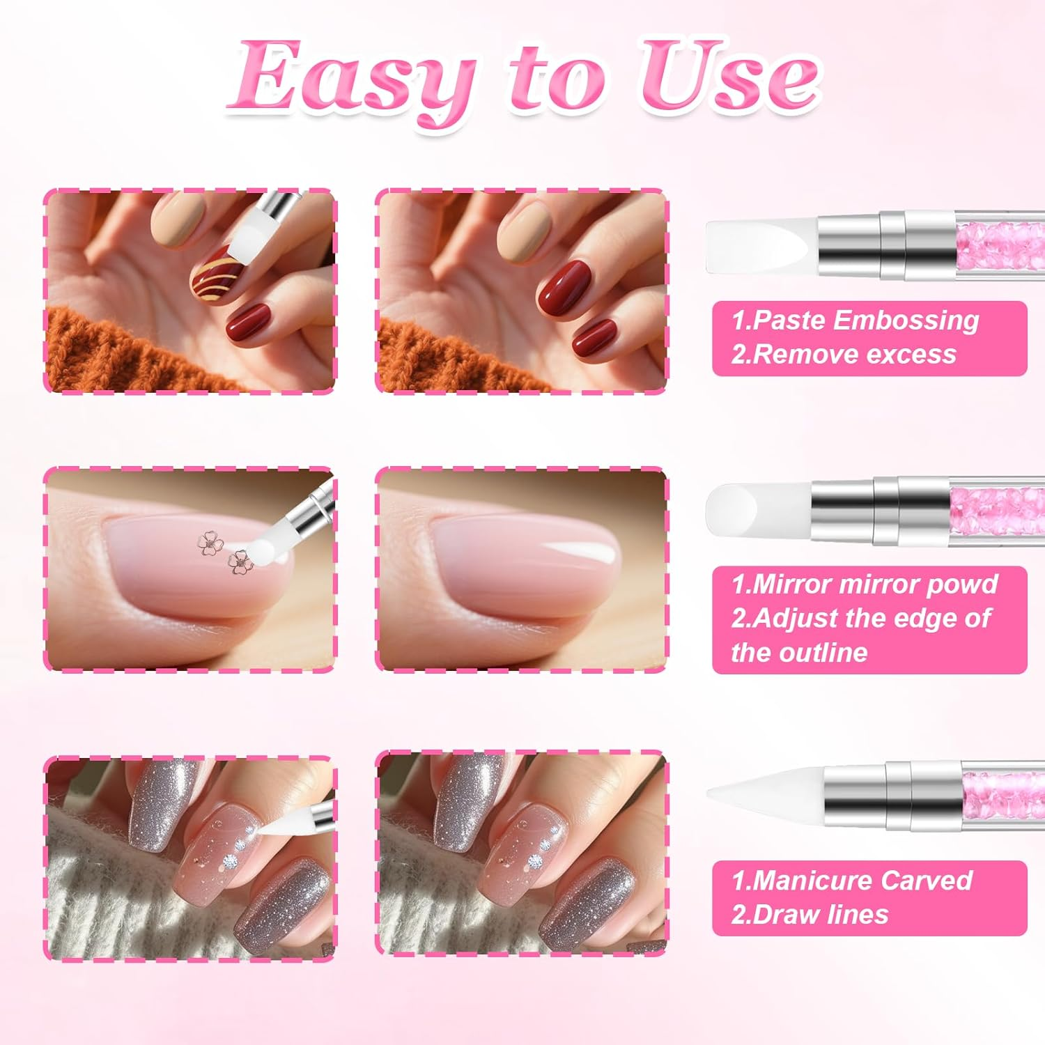 5 Pcs Nail Art Sculpture Pen, Dual Tipped Silicone Nail Tools, Silicone Head Acrylic Handle Nail Art Brushes, Rhinestone Nail Polish Carving Pen, Nail Art Tools for Home Salon (Pink) image number 2