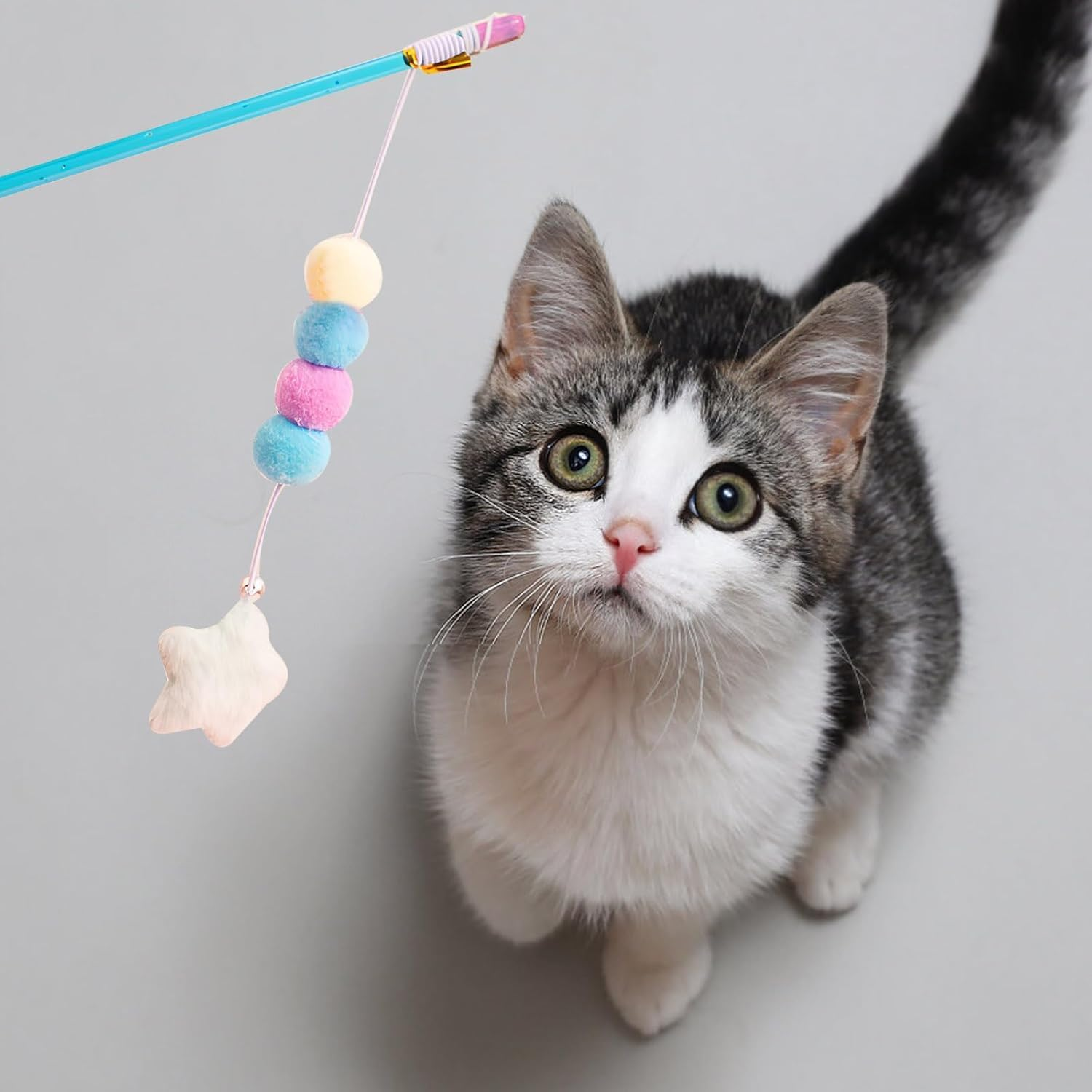 Fokmuaex 1Pcs Blue Cat Teaser Wand Toy with Plush Ball, Bite-Resistant Elastic Rope & Star Pendant - Durable Kitten Toy for Indoor Cats, Stimulates Exercise with Comfortable Grip image number 2