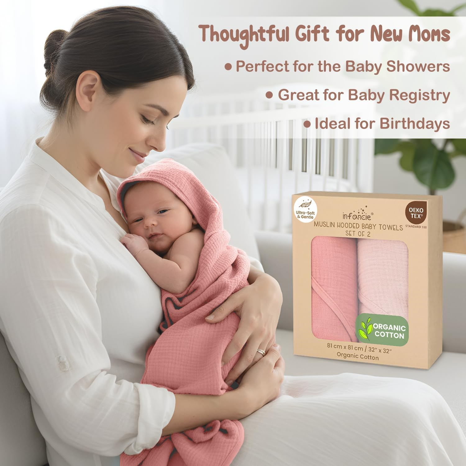 Infancie Organic Cotton Muslin Baby Hooded Towels - 81 X 81 Cm, 2 Pack Newborn Bath Towels for Boys & Girls, Soft & Absorbent Bath Set (Rose/Peach)