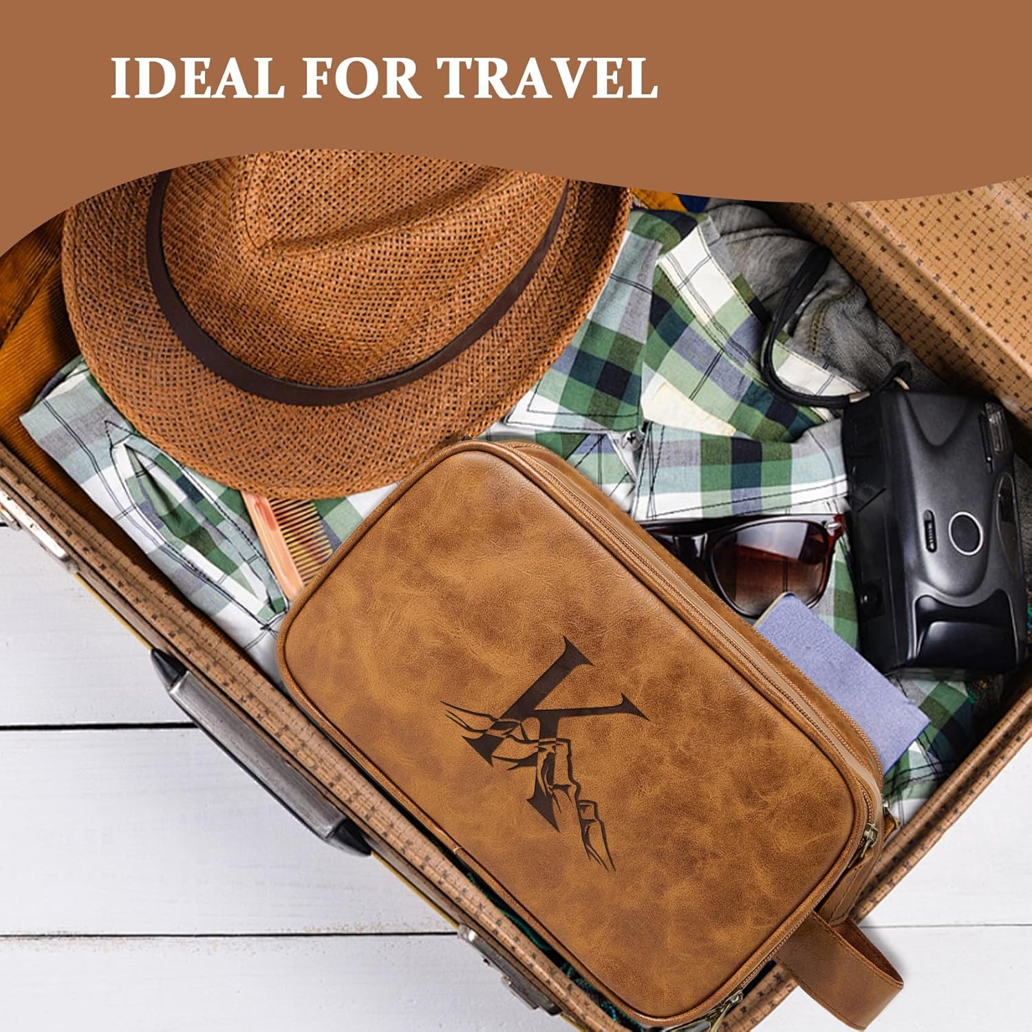 Janhavi Toiletry Bag for Men Waterproof, Groomsmen Gifts Personalized Leather Engraved Initials & Mountain, Mens Toiletry Travel Bag, Anniversary Gifts for Men, Travel Tssentials, Brown, M image number 5