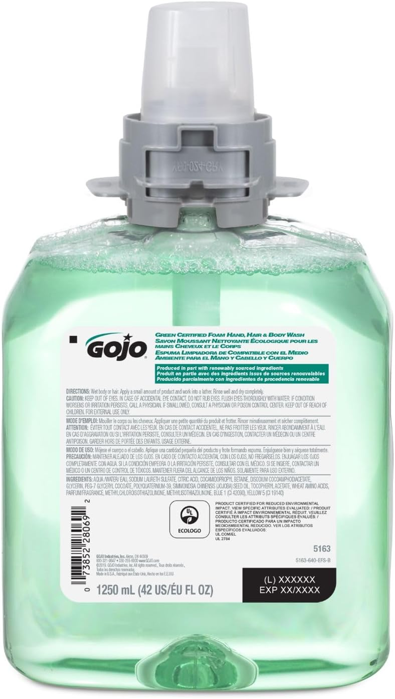 GOJO Green Certified Foam Hand, Hair & Body Wash, Rich Lather - 1250 Ml - 4 Count - Cucumber and Melon Fragrance - FMX-12 Dispenser Spotted image number 5