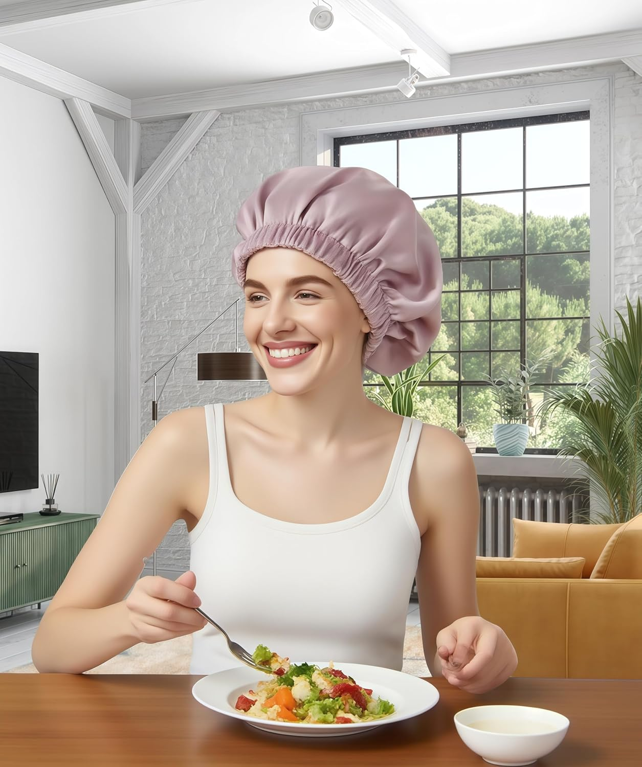 100% Mulberry Silk Bonnet for Sleeping, Double Layered 22 Momme Silk Hair Wrap with Adjustable Elastic Band, Soft & Breathable Pure Silky Hair Bonnet Reduce Frizz (Bean Paste) - Bean Paste image number 6