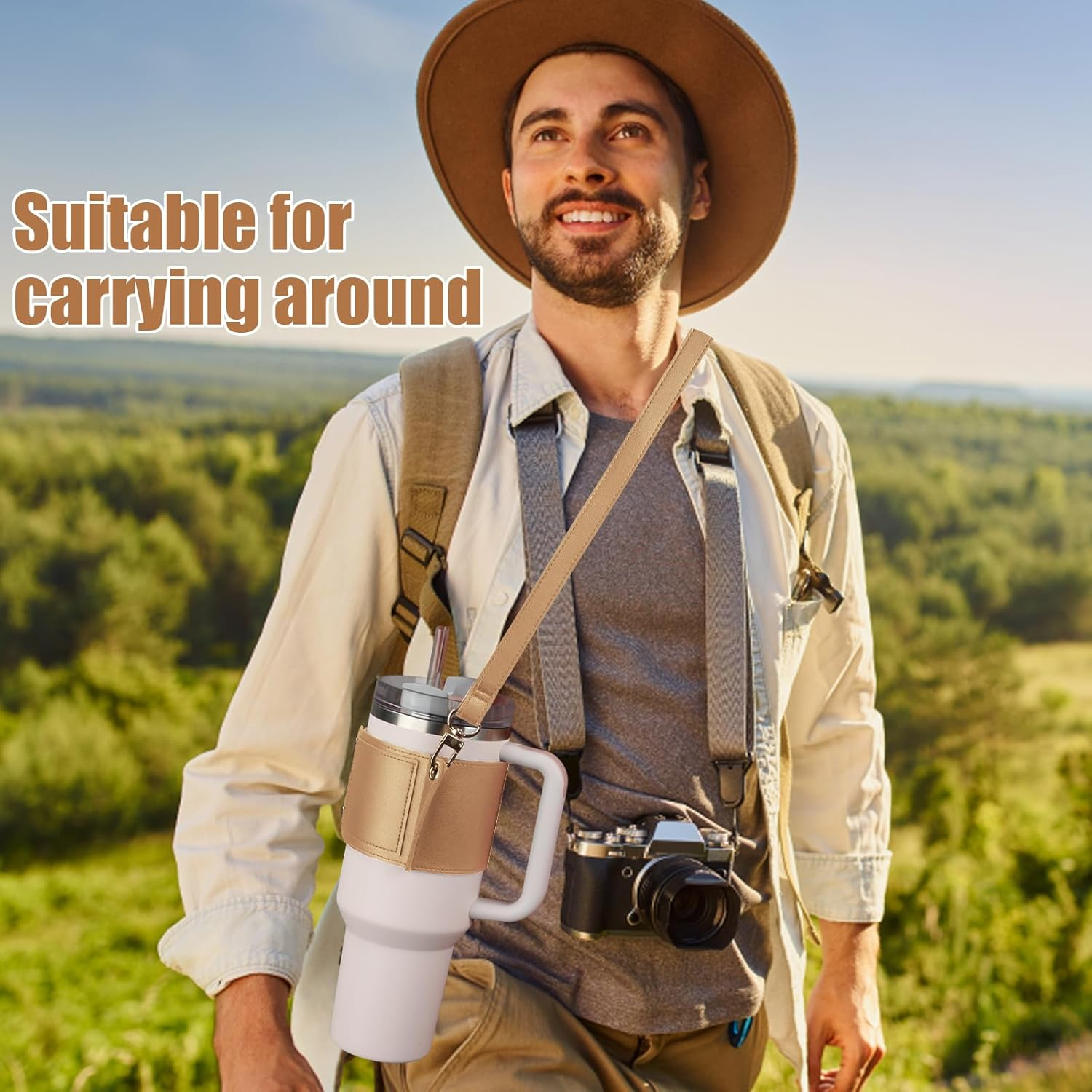 PEUTIER Water Bottle Holder with Strap for Stanley Cup, Adjustable Leather Carrier Strap Water Bottle Bag Compatible with Stanley 40Oz & 30Oz Tumbler with Handle(Apricot) - Apricot image number 2