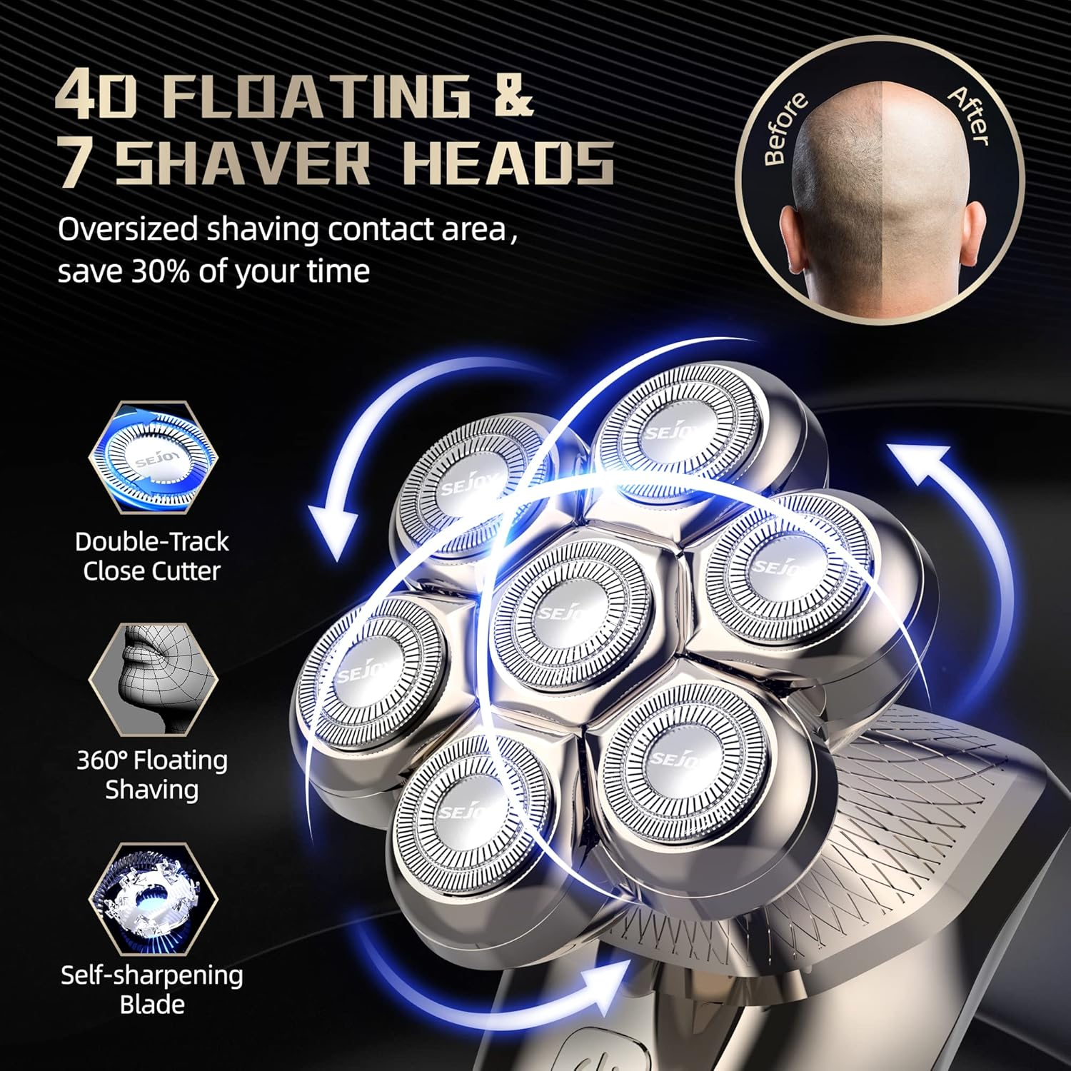 Head Shaver for Bald Men Electric Razor for Men 5-In-1 Multifunctional Electric Head Shaver Wet/Dry 7D Rotary Shaver Grooming Kit Rechargeable LED Display with Clippers, Nose Trimmer, Brush, Massager