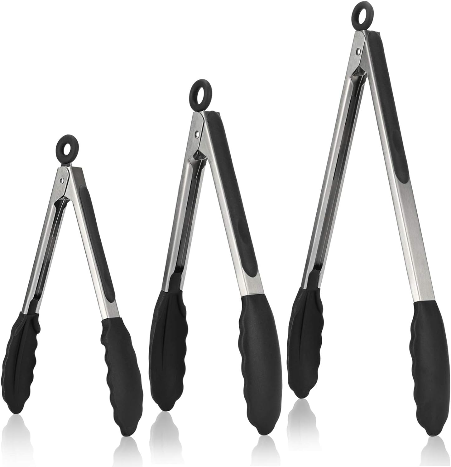 315℃ Heat Resistant Kitchen Tongs: U-Taste 18/8 Stainless Steel Cooking Tongs Set of 3, with Non-Stick Bpa-Free Silicone Tips, for Food Grill, Salad, BBQ, Frying, Serving, 18/23/30 Cm (Black)