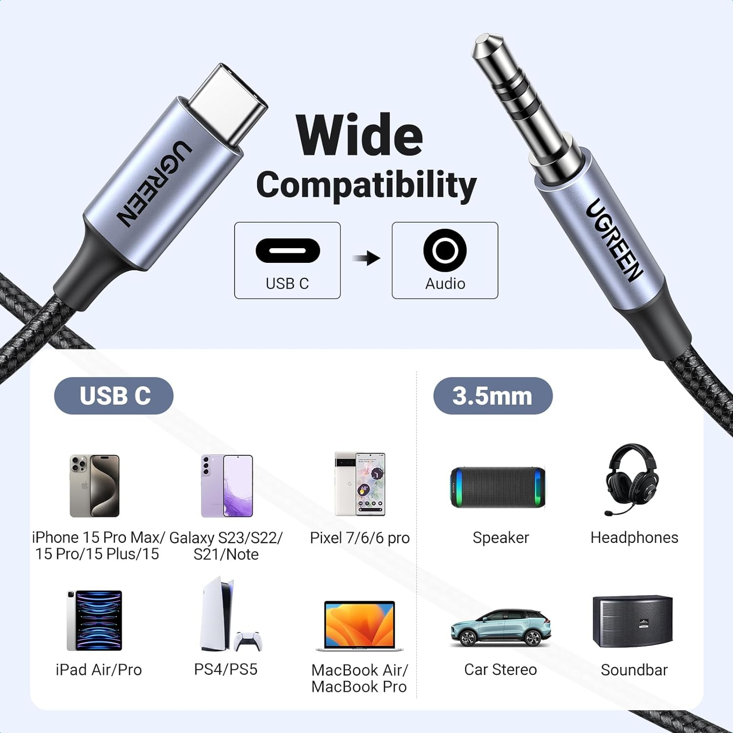 UGREEN USB C to 3.5Mm Audio Cable Adapter Hi-Fi Stereo Type C to Aux Headphone Male Cord Car Auxiliary Cable Compatible with Iphone 16/16 Pro Max, Galaxy S23 Ultra Ipad Pro Air Pixel 7, 1M image number 4