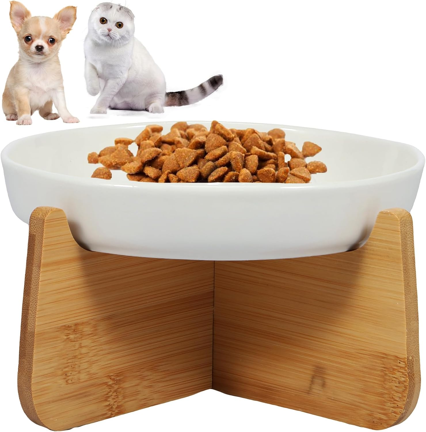 Raised Slow Feeder Cat Bowl, Elevated Cat Bowls with Wood Stand, Ceramic Cat Feeding Bowl anti Vomiting Cat Food Bowl, Interactive Bloat Stop Cat Feeder, Improves Digestion Pet Bowl (White)