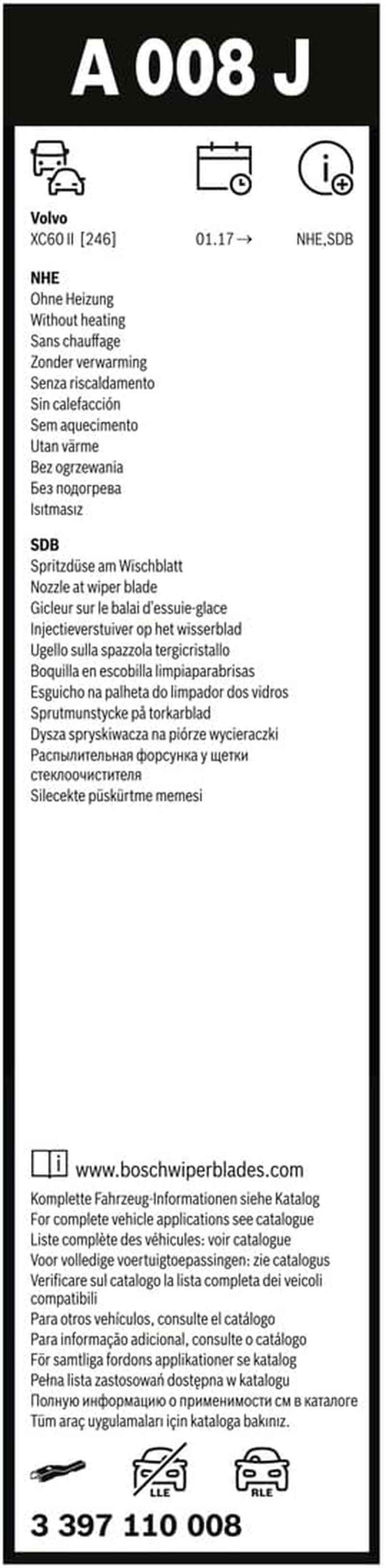 BOSCH A008J Aerotwin Wiper Blade Set for VOLVO XC60 II 2017-2018