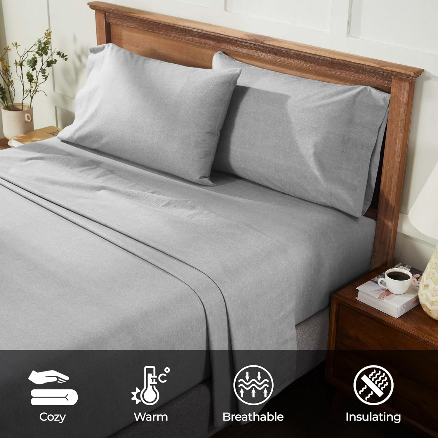 Superior Melange Flannel Cotton Sheet Set, Ultra-Soft Textured Sheets, Modern, Farmhouse Bedding, Basics, Includes; Flat Sheet, Elastic Deep Pocket Fitted Sheet, Pillowcases, Full, Grey image number 2