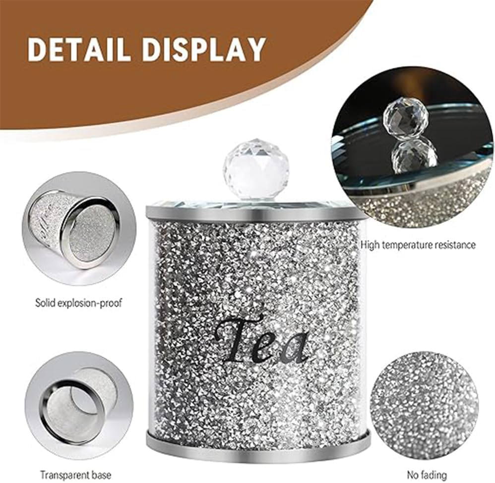 3 Pack Diamonds Canisters Set, Decorative Coffee Tea Sugar Canisters with Crushed Crystal Diamonds, Glass Food Storage Containers, Bling Jar for Kitchen Countertop Decor with Label & Lid image number 3