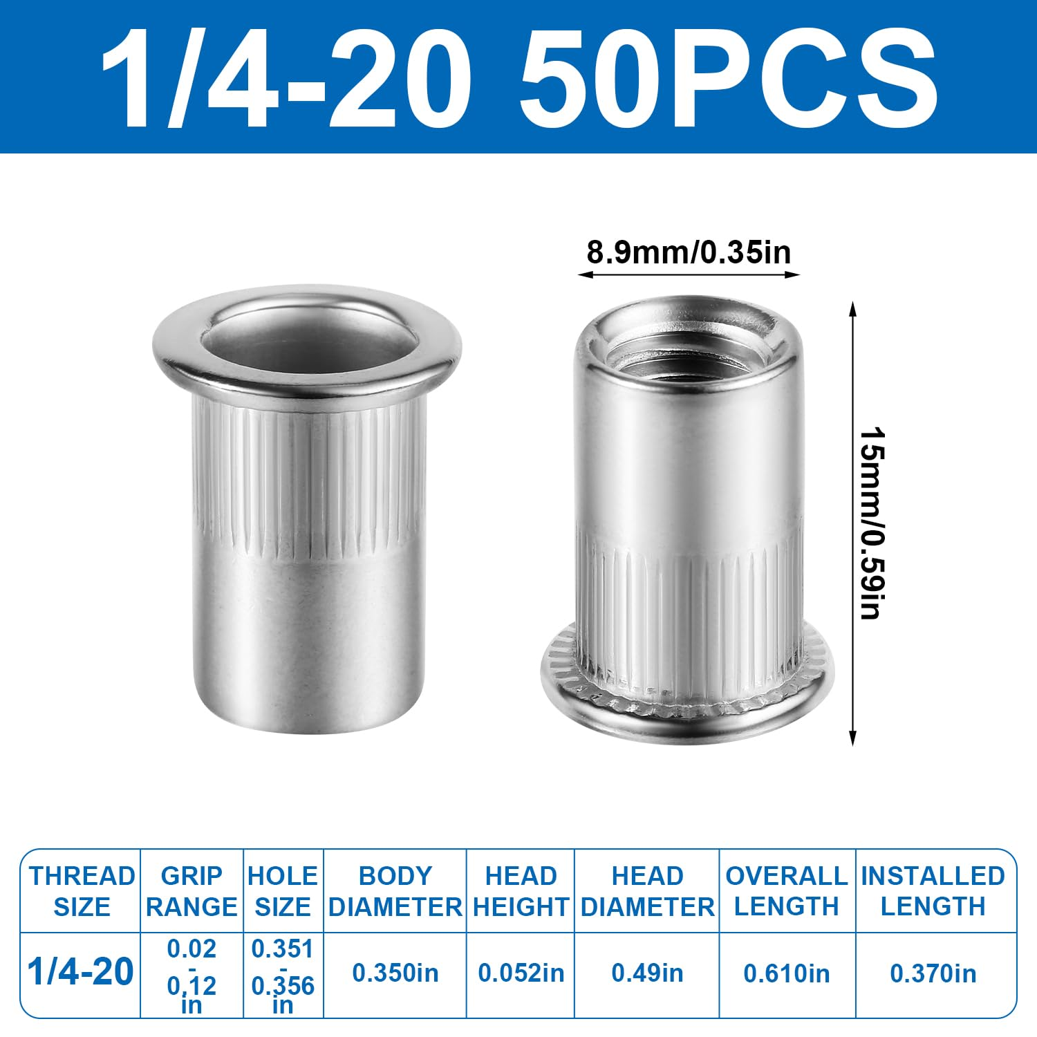 50Pcs 1/4-20Rivet Nuts, Stainless Steel Insert Nut Nut Insert Assortment Clinching Pressure Rivet Nut for Automotive Electrical and Industrial Products image number 3