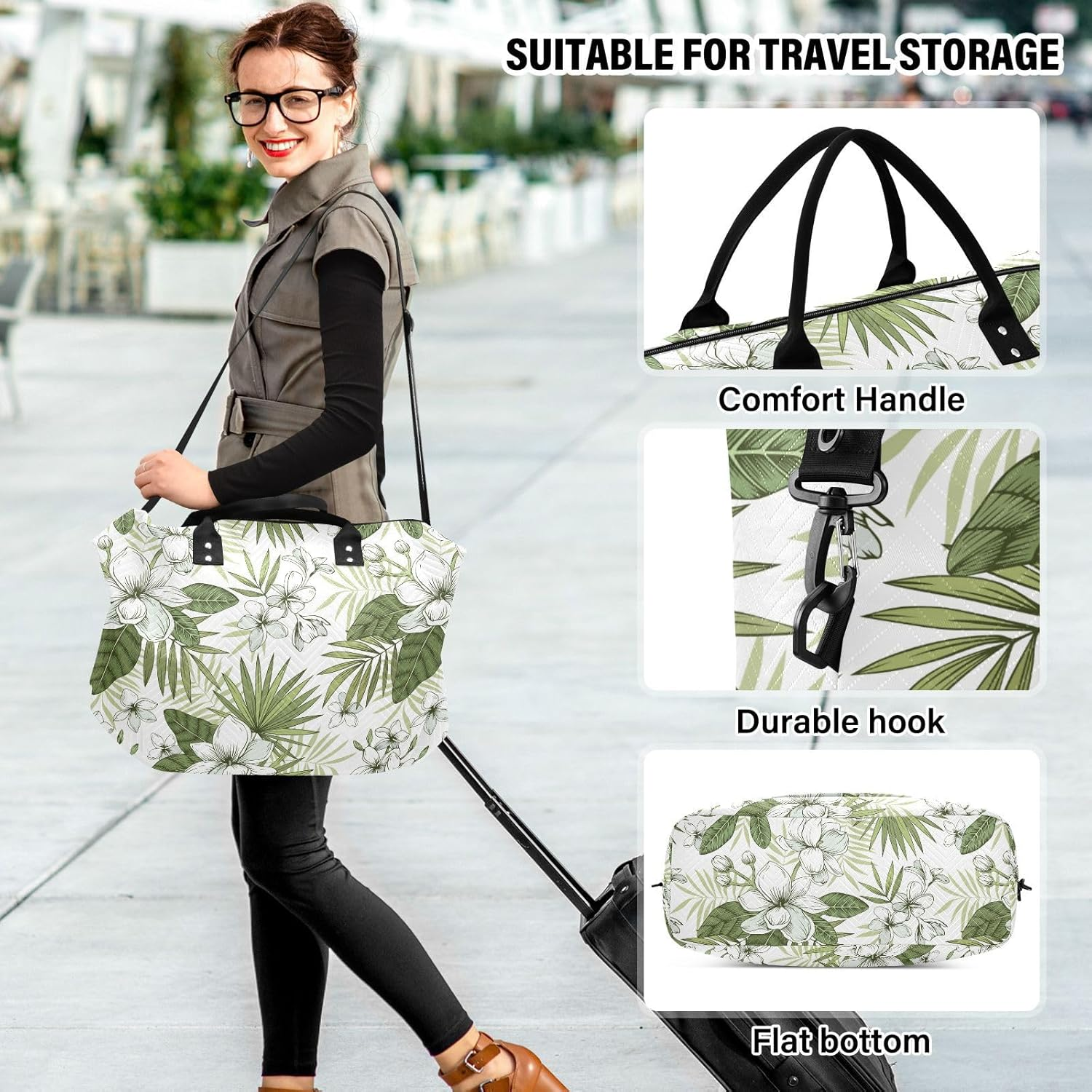 Large Bag Weekender/Overnight Duffel Tropical Flower White Jasmine Frangipani Sports Duffel Bags With, Tropical Flower White Jasmine Frangipani, Set of 2, Art Deco image number 6