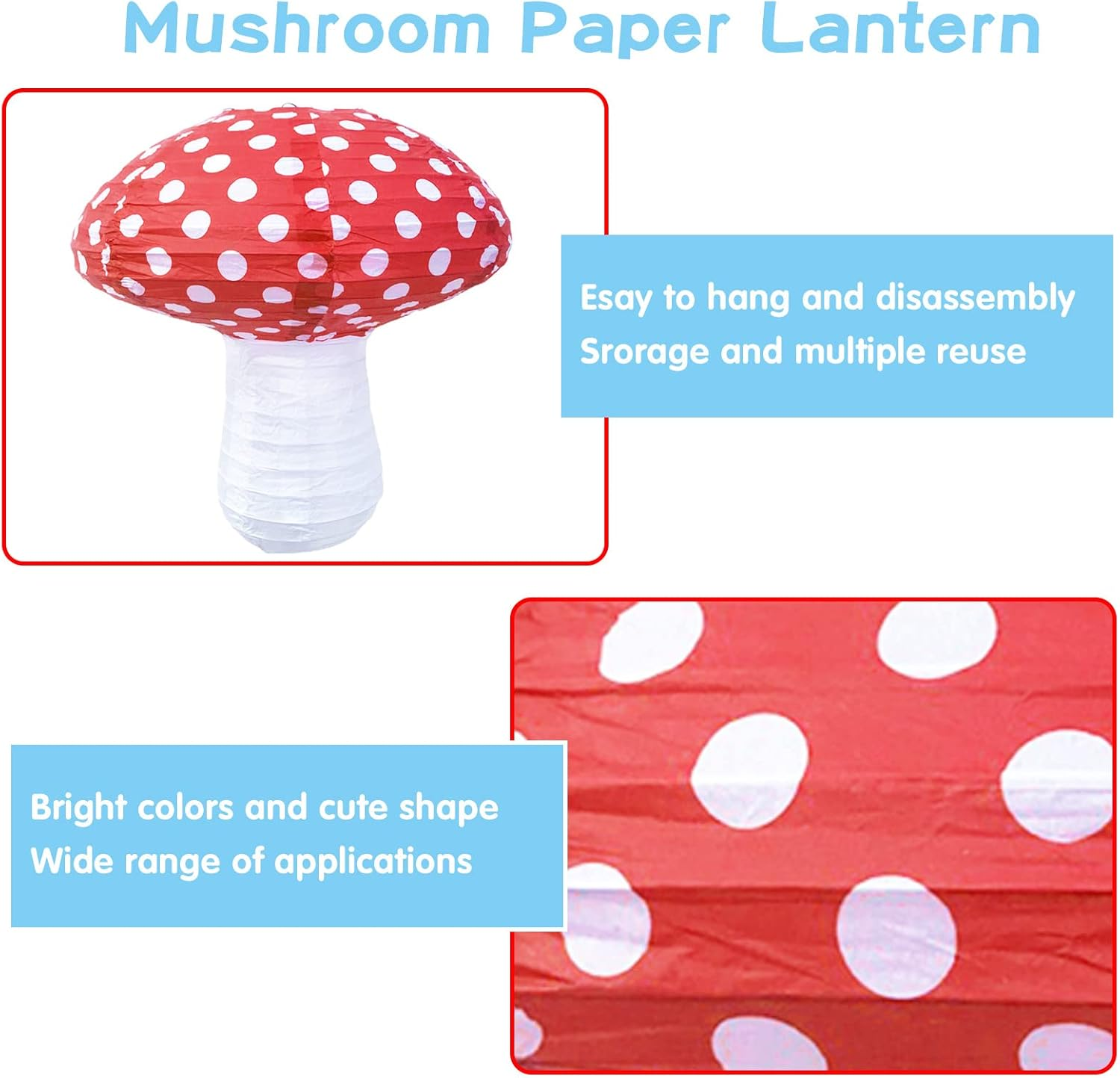 4Pcs Mushroom Shaped Paper Lanterns Hanging Mushroom Decoration Birthday Party Decor Cute Decoration for Jungle Wonderland Theme Party Garden Wedding Kids Room (Mushroom/Red)