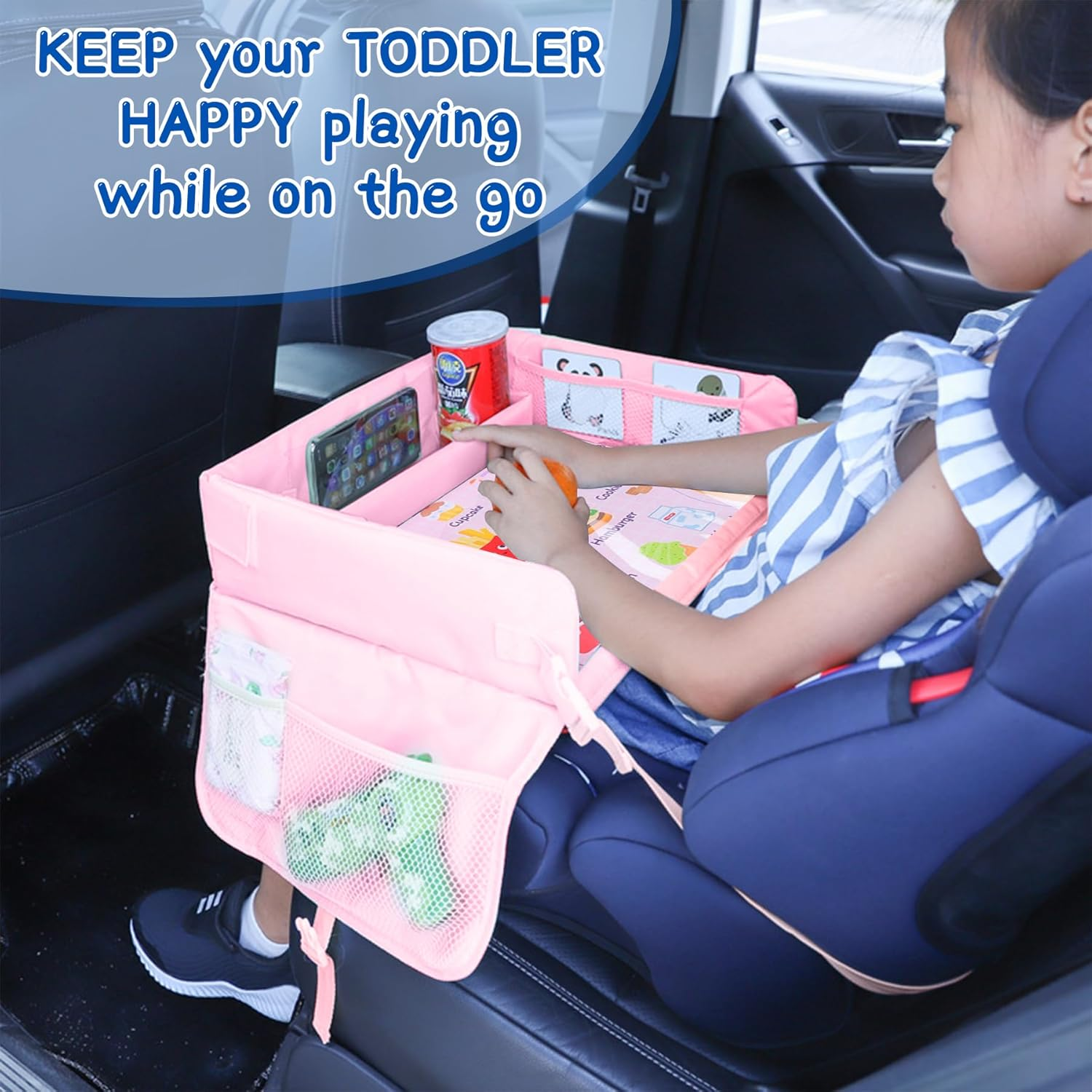 Kids Travel Tray for Car, Car Seat Tray for Kids Travel, Road Trip Essentials, Toddler Lap Desk Organizer, Soft Padding, Waterproof, Carseat Table for Roadtrip Activities (Pink)