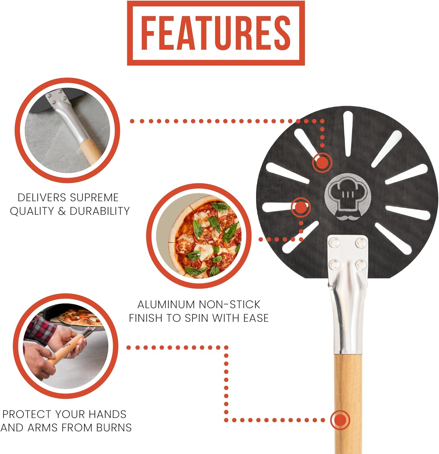 Chef Pomodoro Aluminium Pizza Peel with Wood Handle - Easy Storage, Perforated Turner for Baking Homemade Pizza Bread, 7-Inch