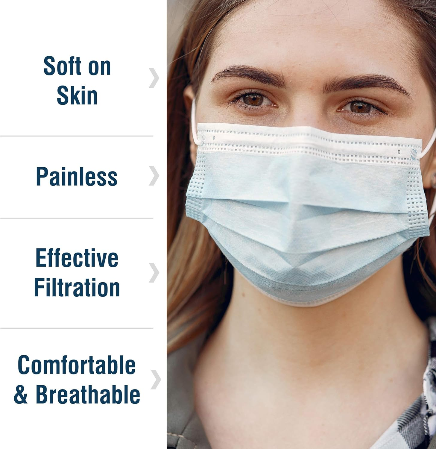 Wecare Individually Wrapped Disposable Face Masks - 50 Pack, Blue - Soft on Skin - 3 Ply Protectors with Elastic Earloops - Latex Free, Non Woven, Single Use - Effective Filtration - Retail Packaging
