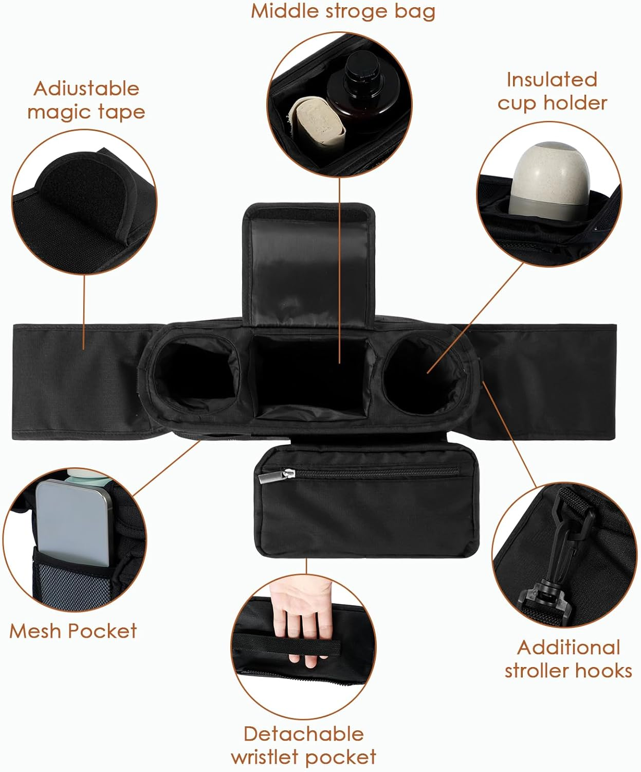 Fxvhojq Baby Stroller Organizer Newborn Baby Girl or Boy Tote with 2 Cup Holder Waterproof Oxford Stroller Caddy Organizer with Detachable Pocket for New Parents, New Mom (Black) image number 3