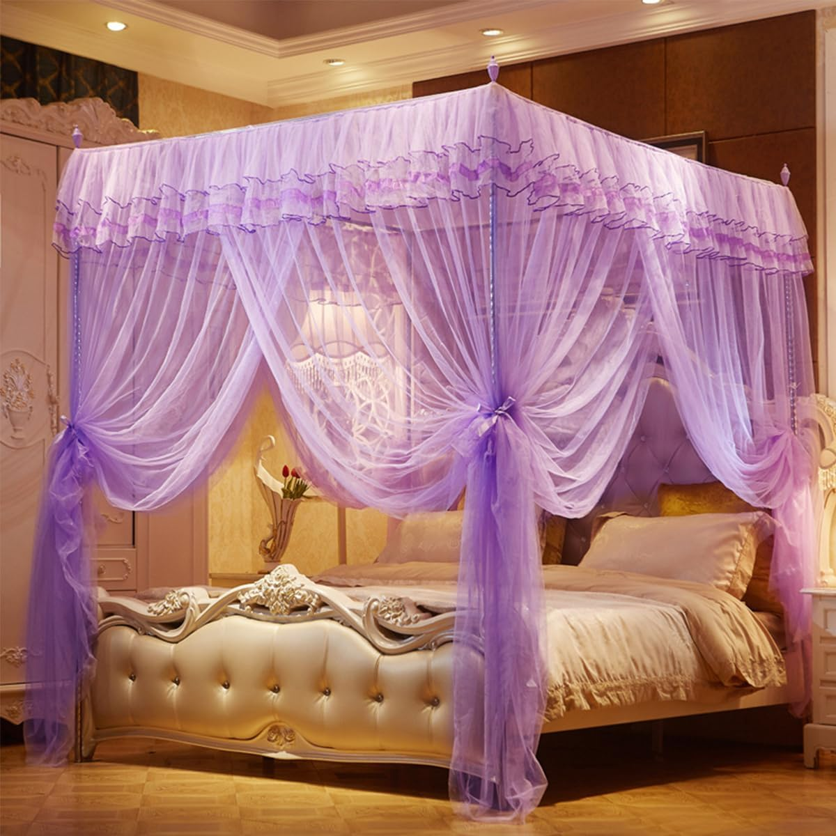 4 Corners Post Ruffle Princess Bed Canopy, Romantic Bed Drape Netting for Twin/Full/Queen/King Beds Mosquito Net Mesh for Girls Kids Adults Bedroom Dormitory Bed Curtains Canopy Bedding Decor
