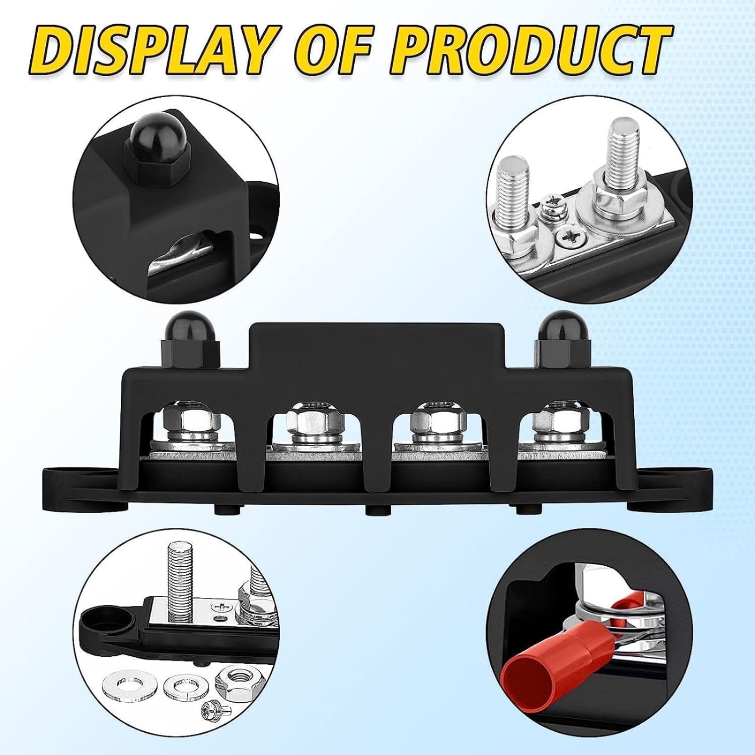 12V-48V Bus Bar Power Distribution Block with 4 M8 Terminal Studs, High Performance Module BUSBAR with Cover for Cars Rvs Ships Yachts (Red & Black)