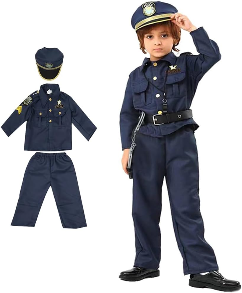 Police Costume for Kids Include Police Hat, Shirt, Pants, Belt, Police Officer Outfit Dress up for Boys&Girls Halloween Pretend Play image number 1