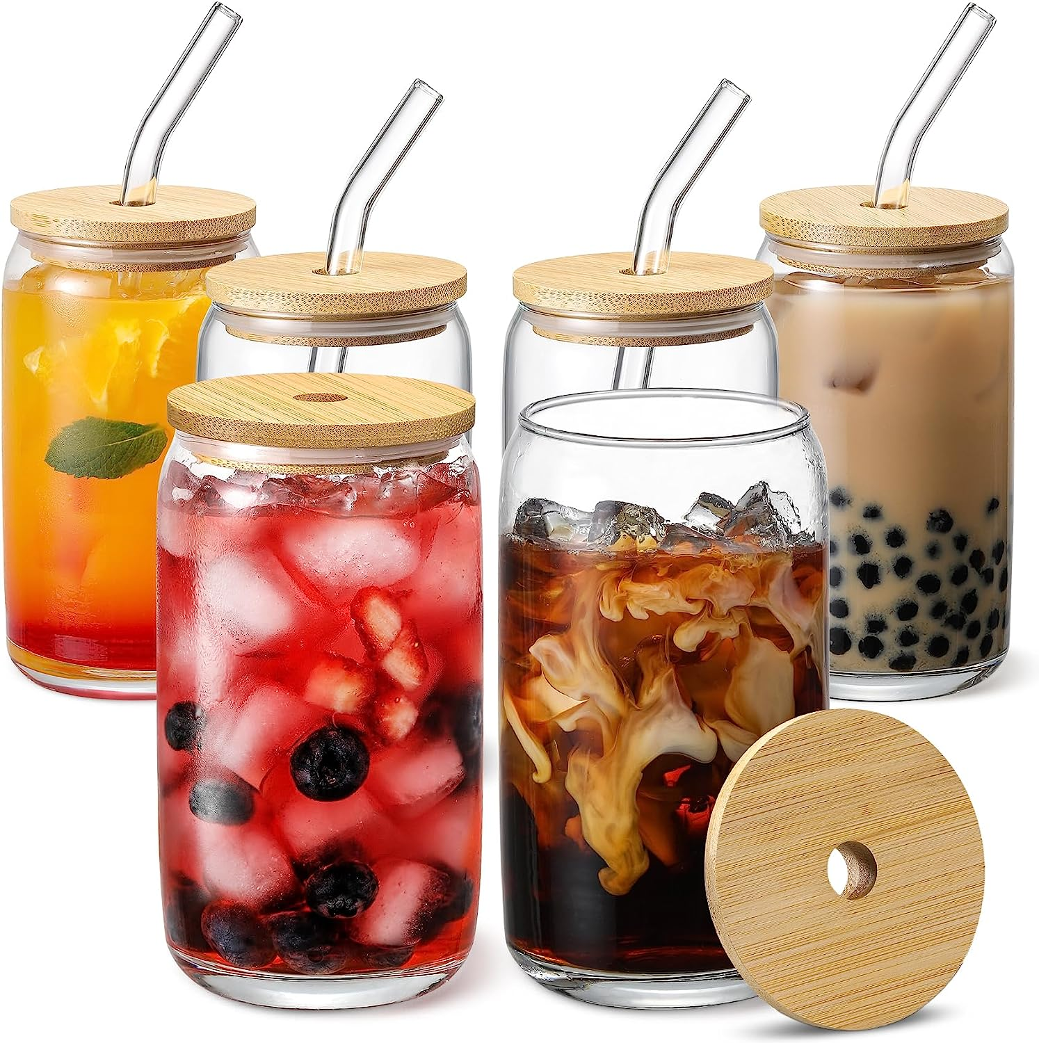 [ 6Pcs Set ] Glass Cups with Bamboo Lids and Glass Straw - Beer Can Shaped Drinking Glasses, 16 Oz Iced Coffee Glasses, Cute Tumbler Cup for Smoothie, Boba Tea, Whiskey, Water - 2 Cleaning Brushes image number 3