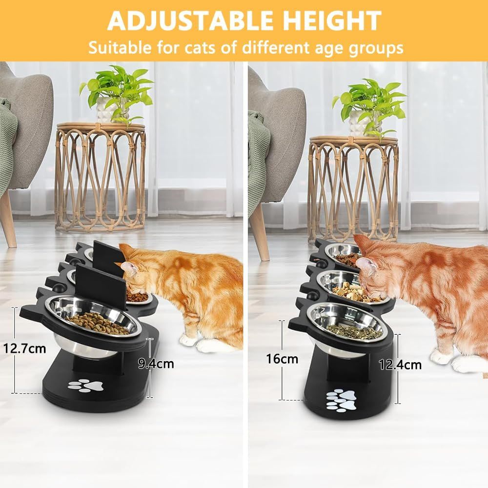 Cat Bowls Elevated, Raised Cat Food Bowls, Adjustable Heights Cat Food and Water Bowl with Black Shelf, 3 Stainless Steel Cat Dishes for Food and Water image number 2