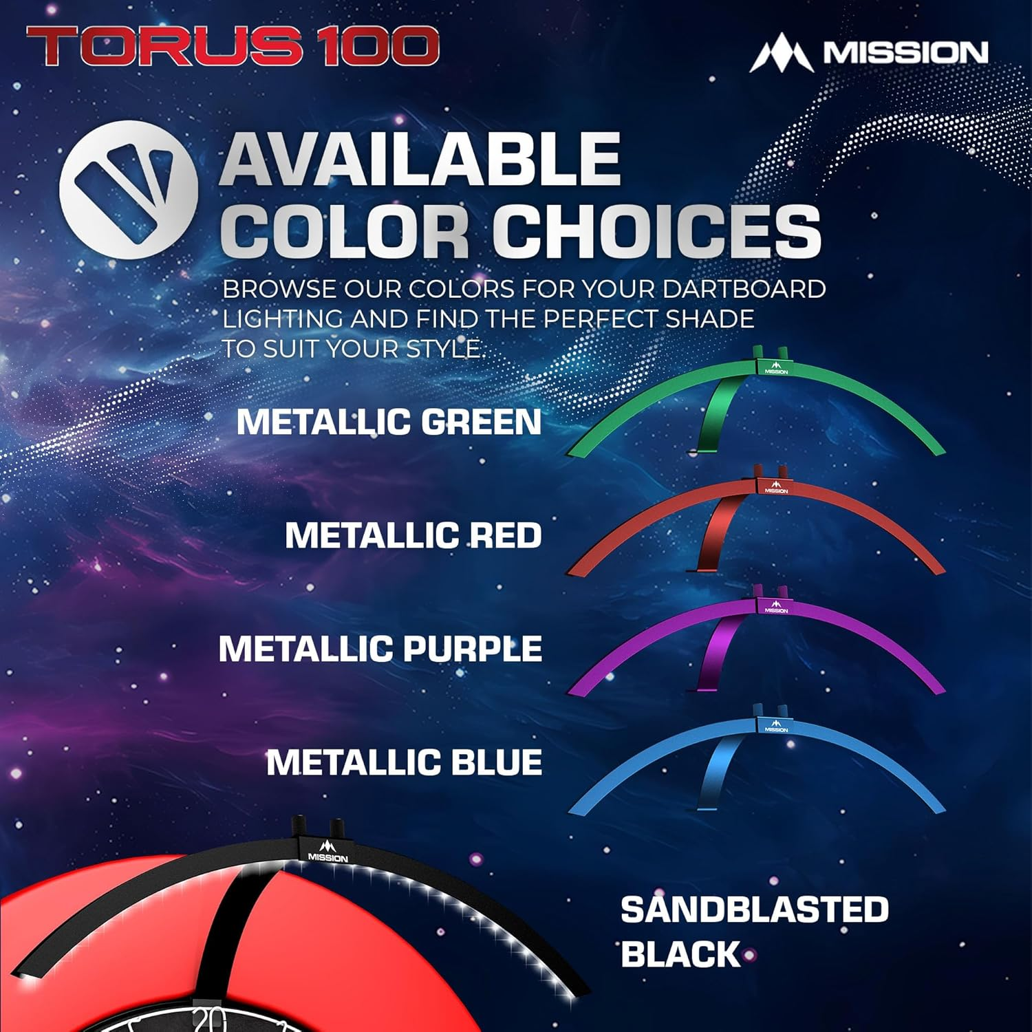 Mission Darts TOR100 Torus 100 | Dartboard LED Folding Portable Travel Lighting System, Sand Blasted Black image number 1